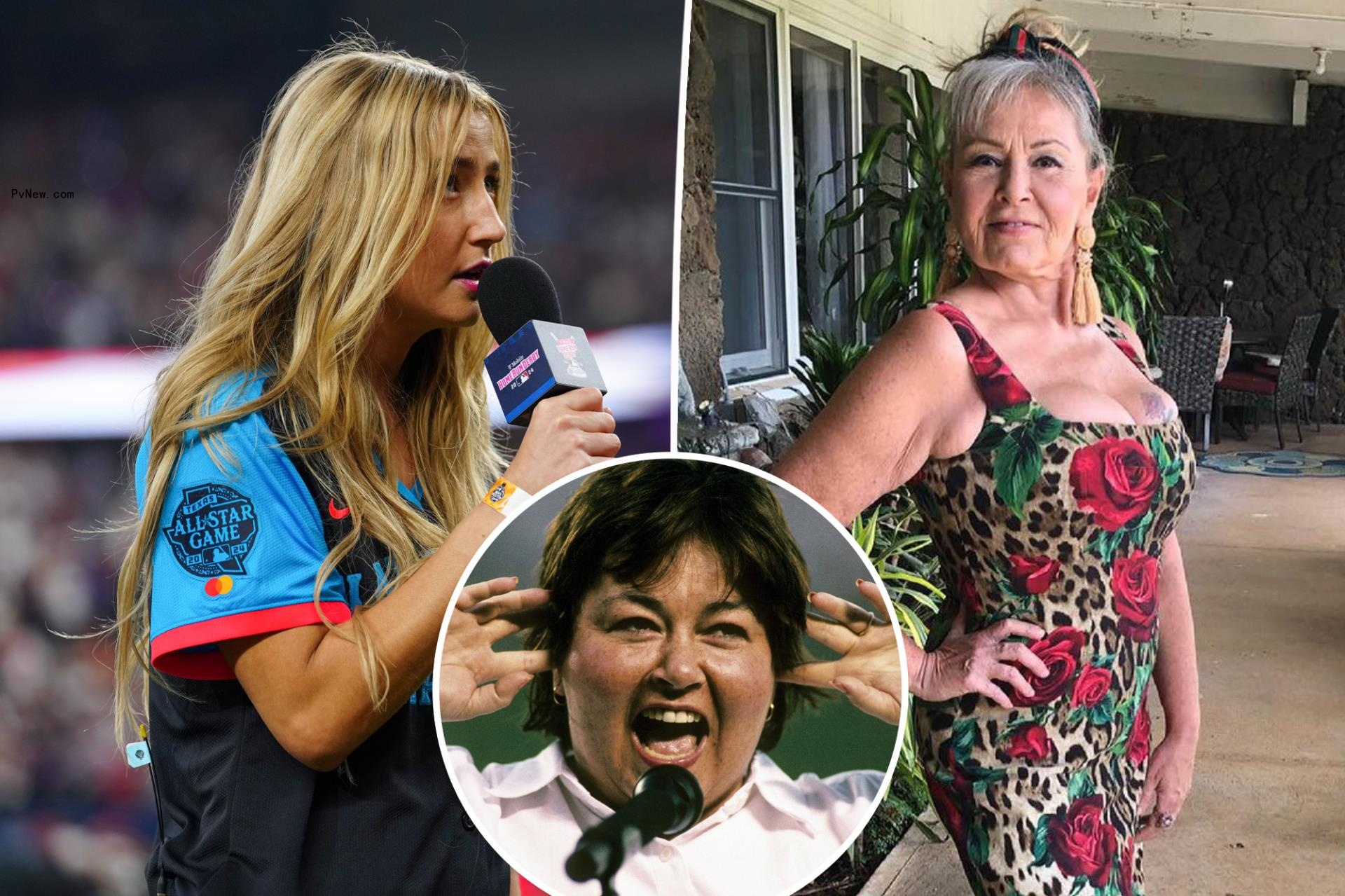 Ingrid Andress split with Roseanne Barr with an inset of Barr singing the natio<i></i>nal anthem in 1990.