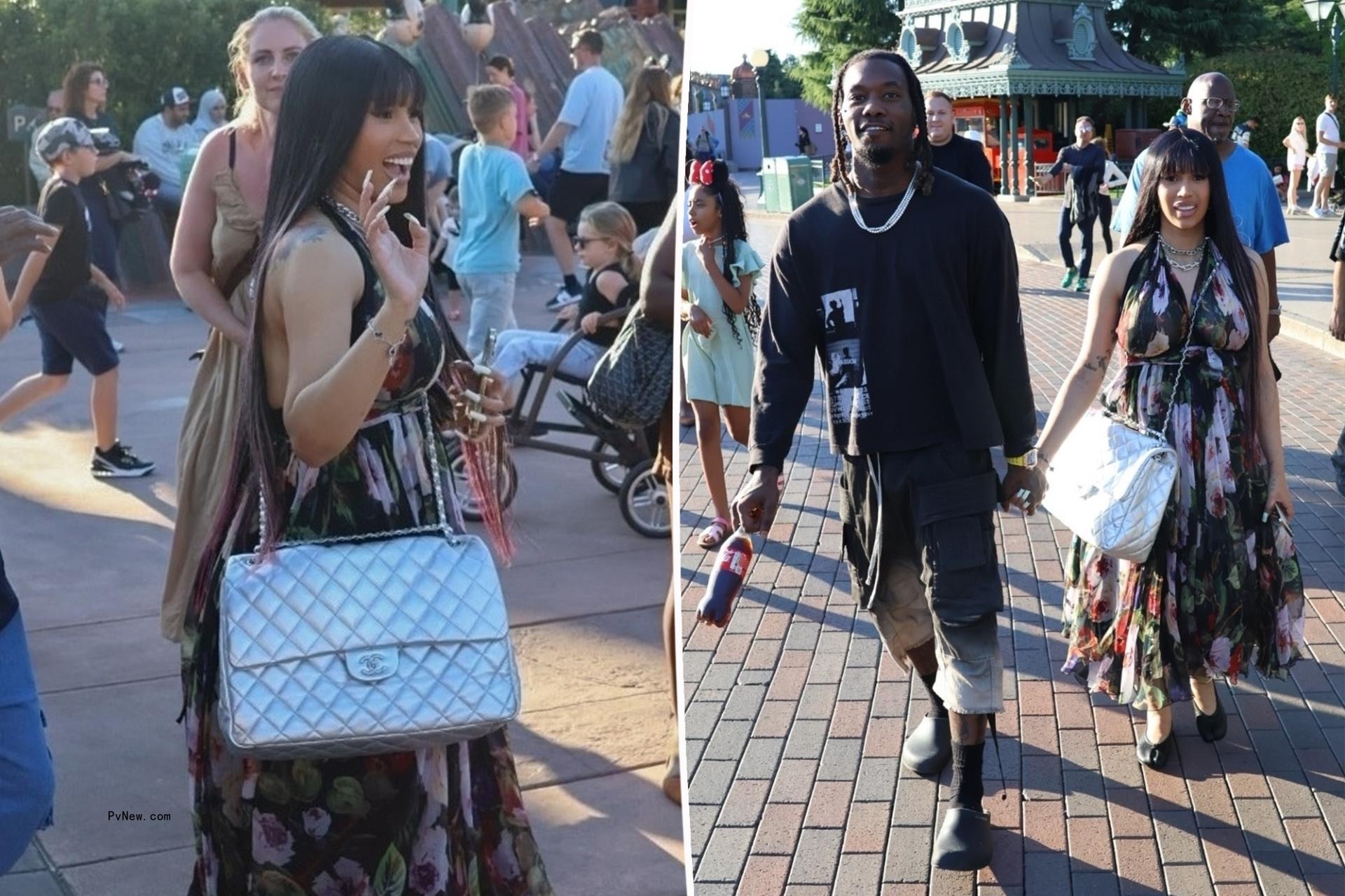 Cardi B totes comically large Chanel purse at Disneyland Paris with Offset and kids
