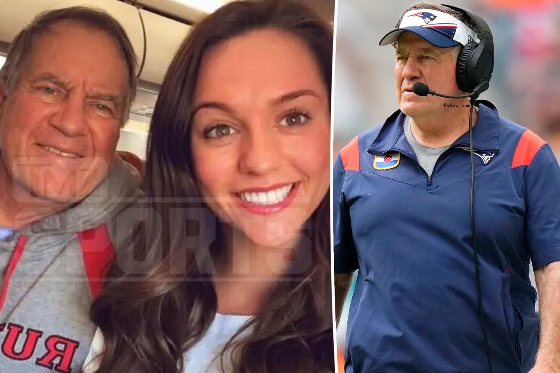 Jordon Hudson split image with Bill Belichick.