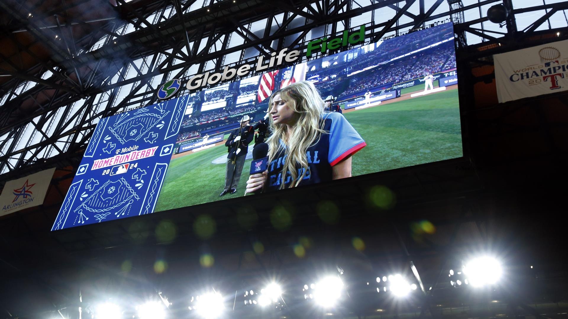 Ingrid Andress singing the natio<i></i>nal anthem at the MLB Home Run Derby.