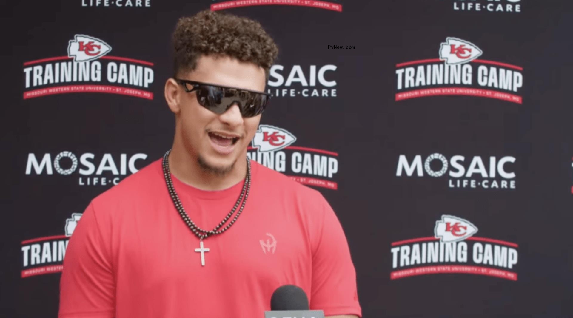 Patrick Mahomes speaking at a press conference