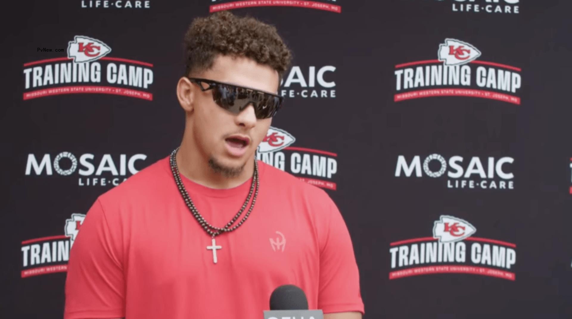 Patrick Mahomes speaking at a press conference