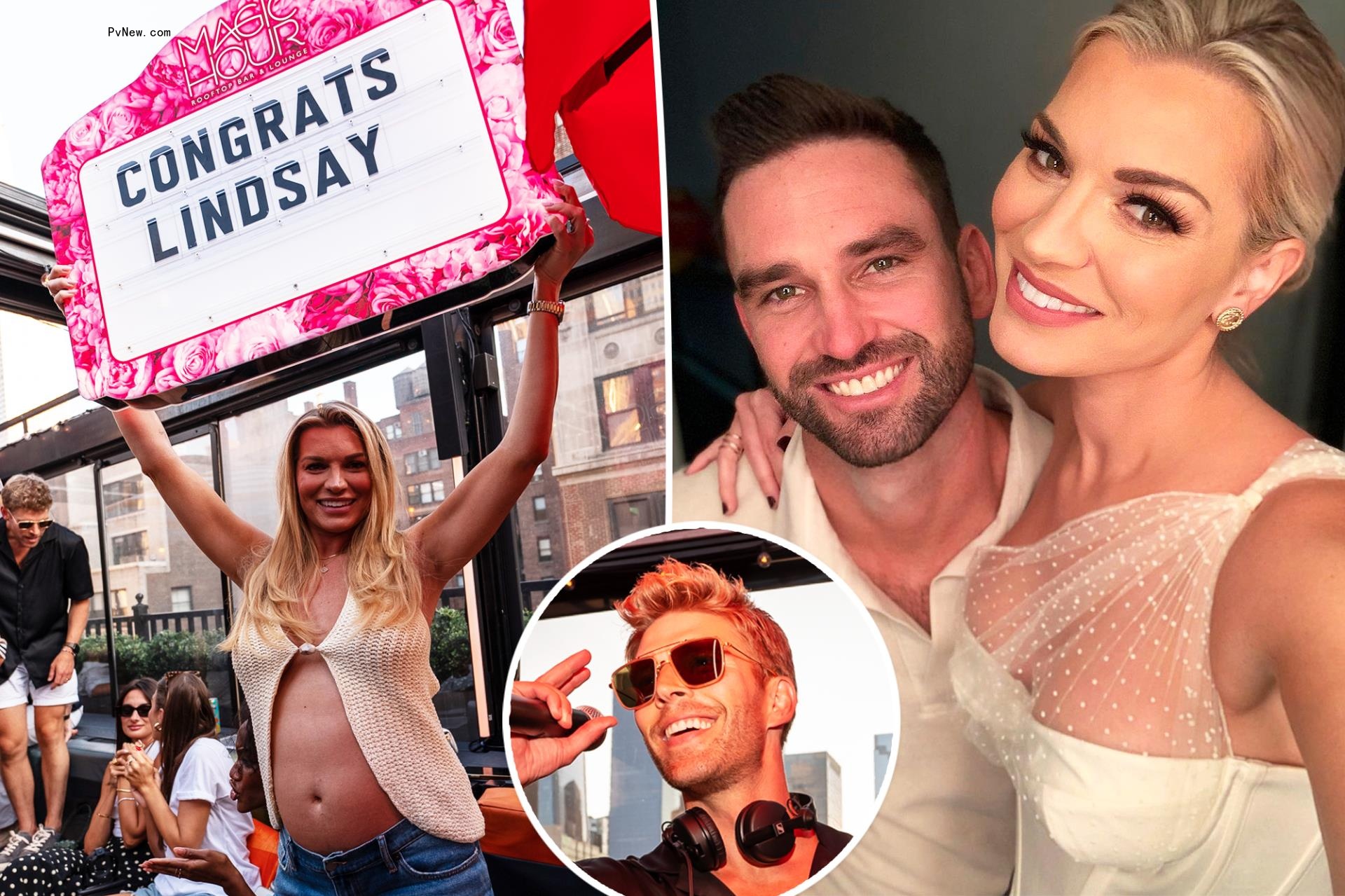 A split photo of Lindsay Hubbard holding a sign and a selfie of Carl Radke and Lindsay Hubbard and a small photo of Kyle Cooke smiling