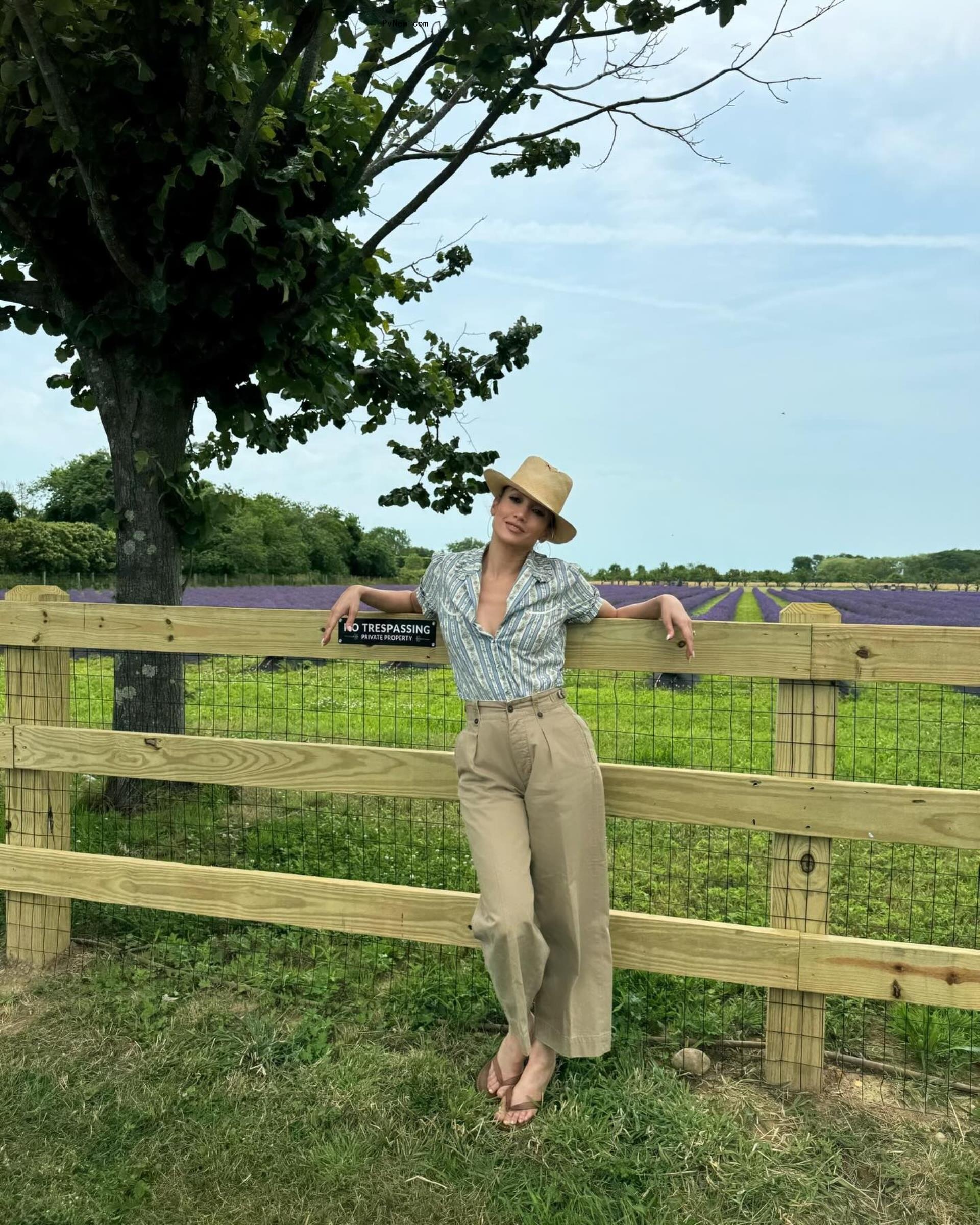 Jennifer Lopez posing for a photo in a field