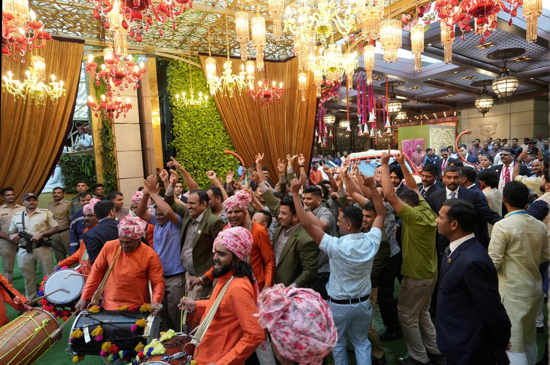 Drummers perform during Anant Ambani and Radhika Merchant's wedding.