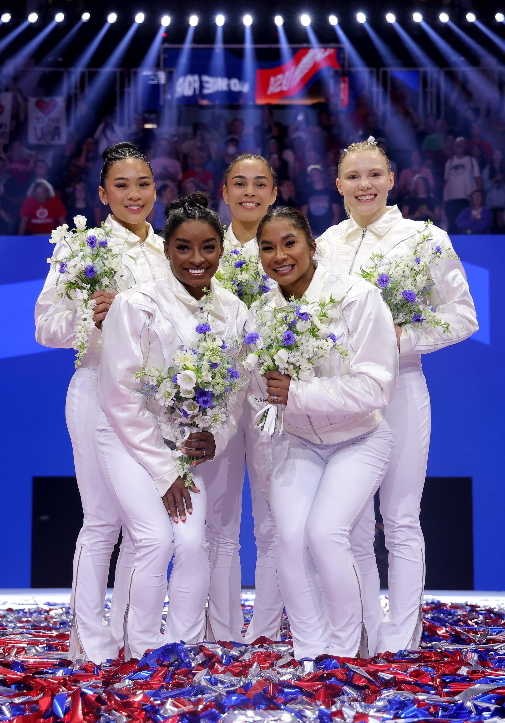 Suni Lee, Simone Biles, Hezly Rivera, Jordan Chiles and Jade Carey at the Olympic Team Gymnastics trials 2024
