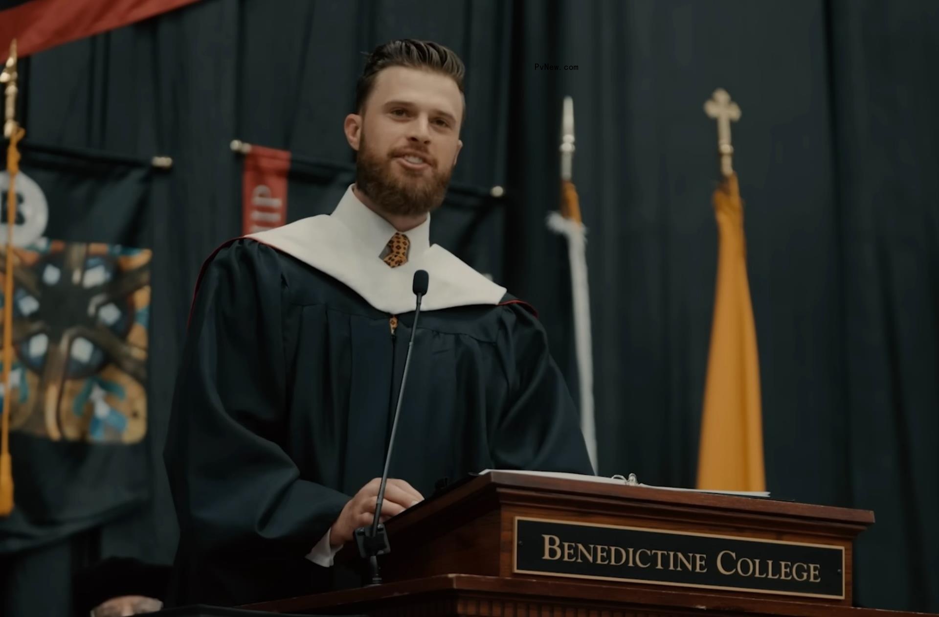 Harrison Butker giving the commencement address at Benedictine College.
