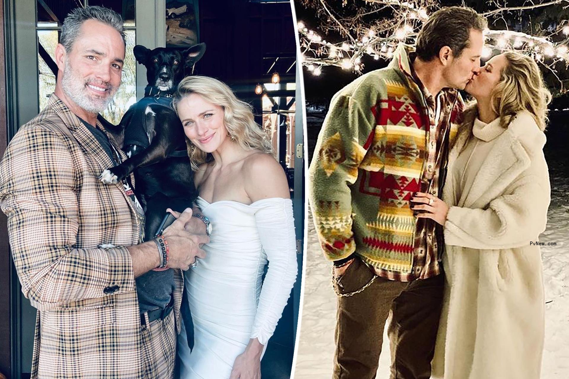 A split photo of Shantel VanSanten and Victor Webster posing with their dog and Shantel VanSanten and Victor Webster kissing