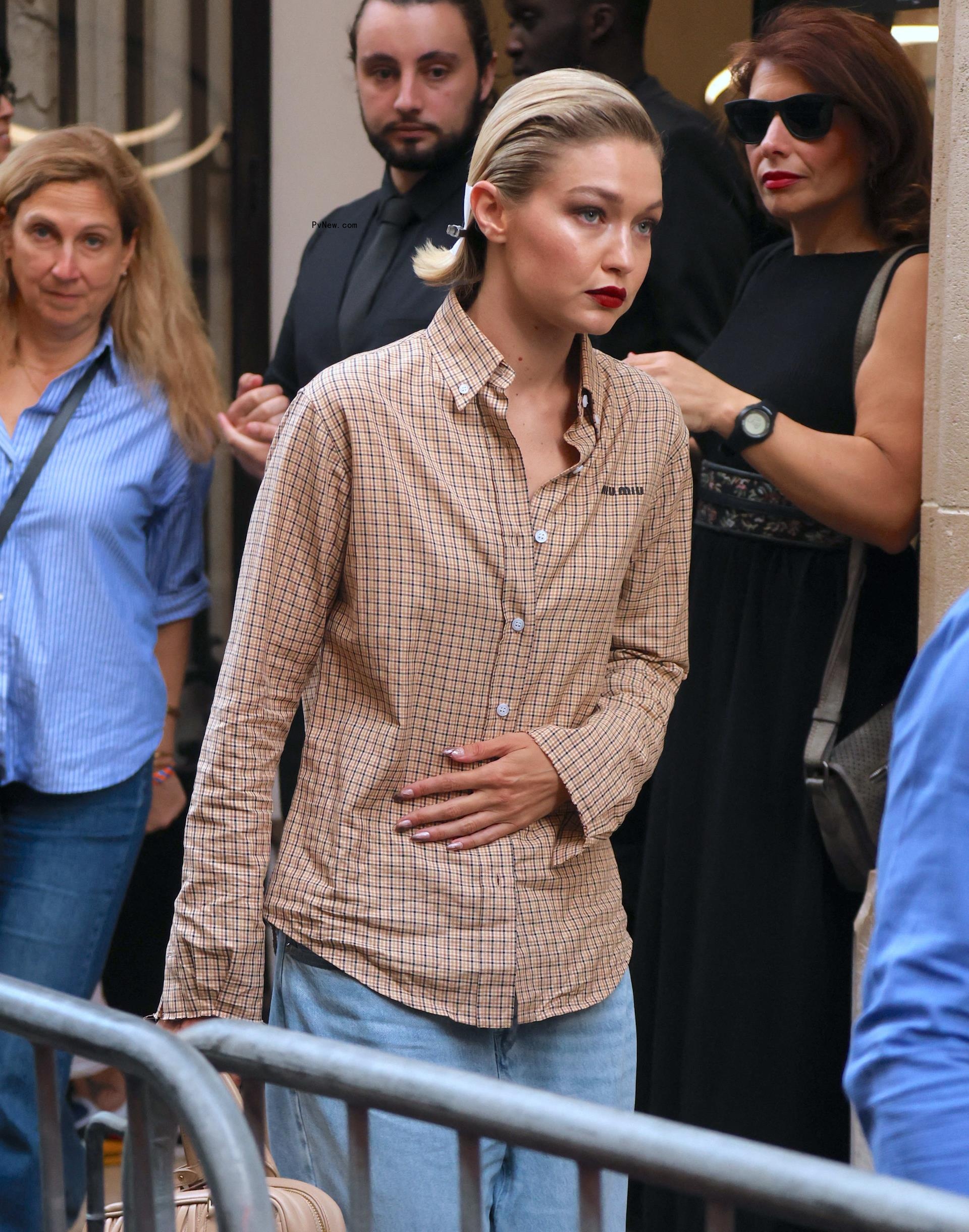Gigi Hadid arriving at a hotel in 2024.