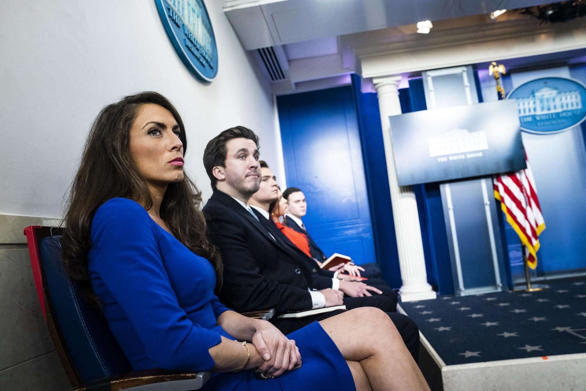 Alyssa Farah Griffin sitting at a press co<i></i>nference in the White House
