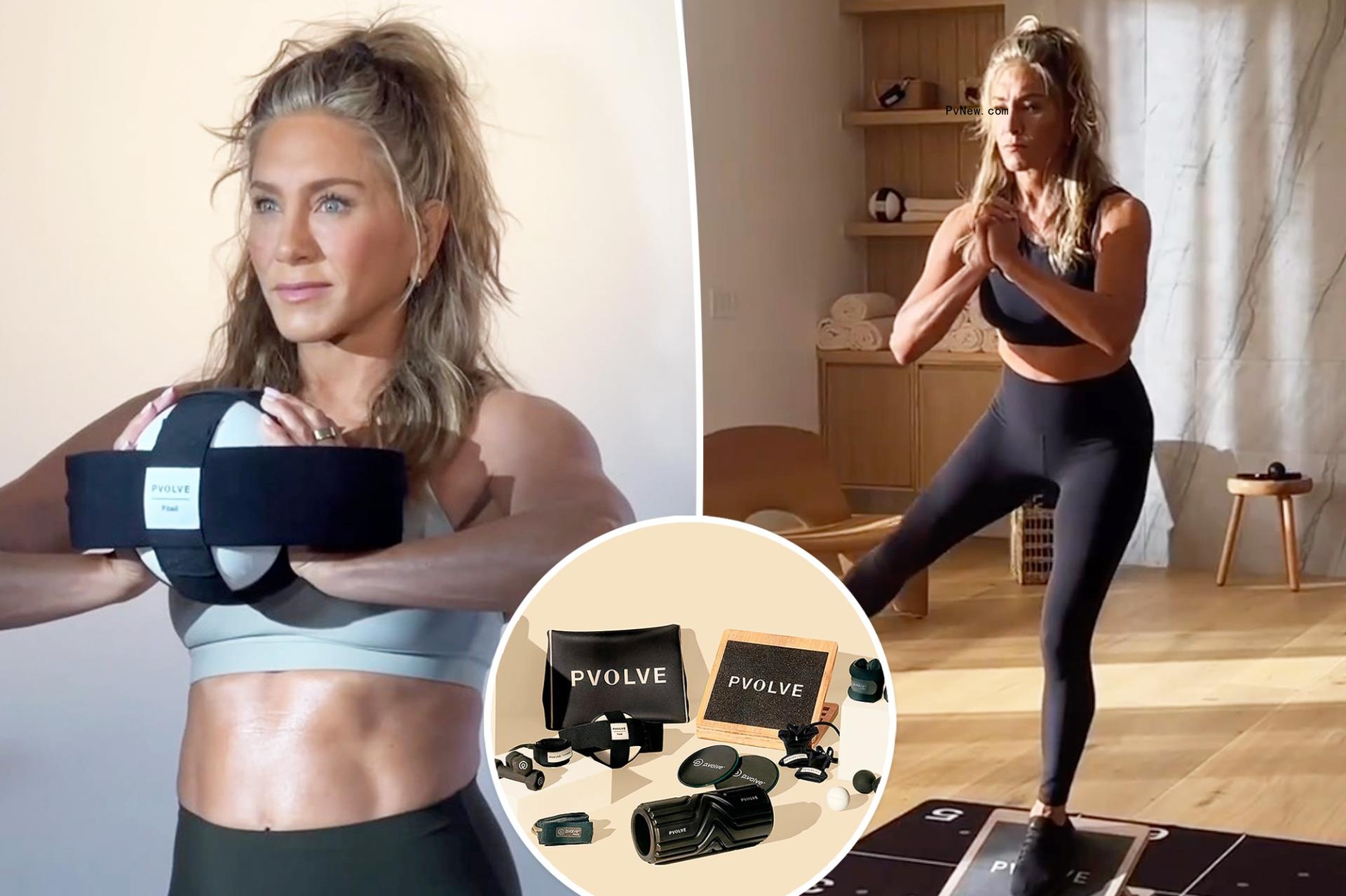 Jennifer Aniston with insets of fitness equipment
