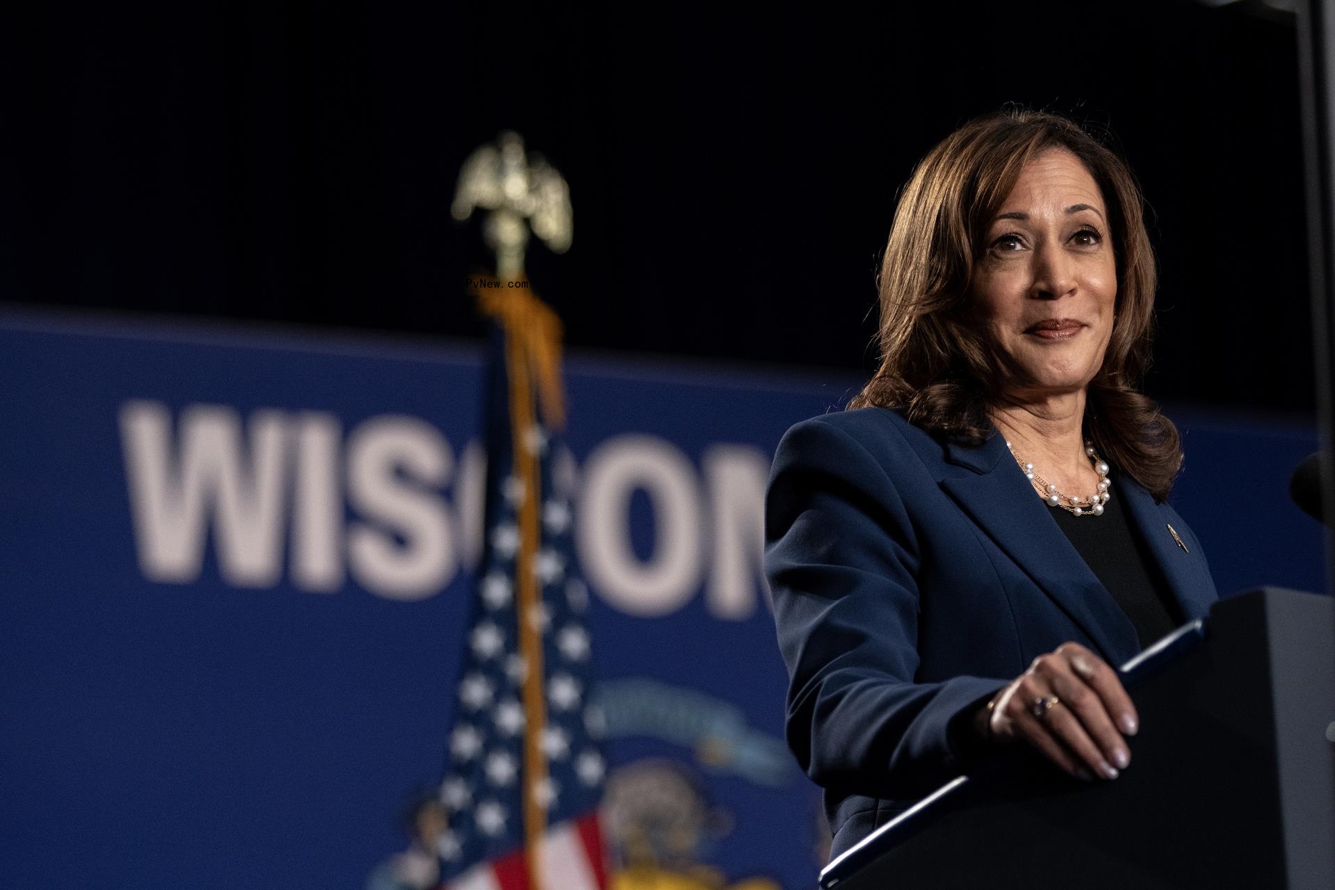 Kamala Harris at a campaign rally at West Allis Central High School in 2024.
