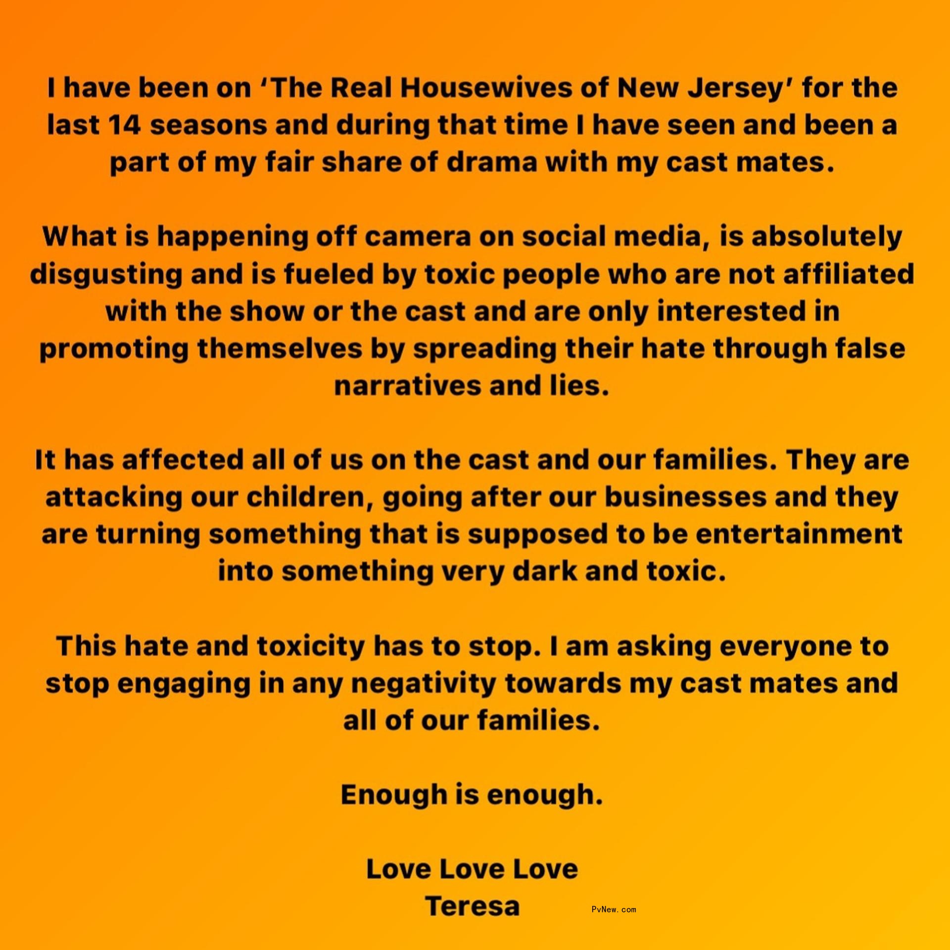 A screenshot of Teresa Giudice's Instagram post statement