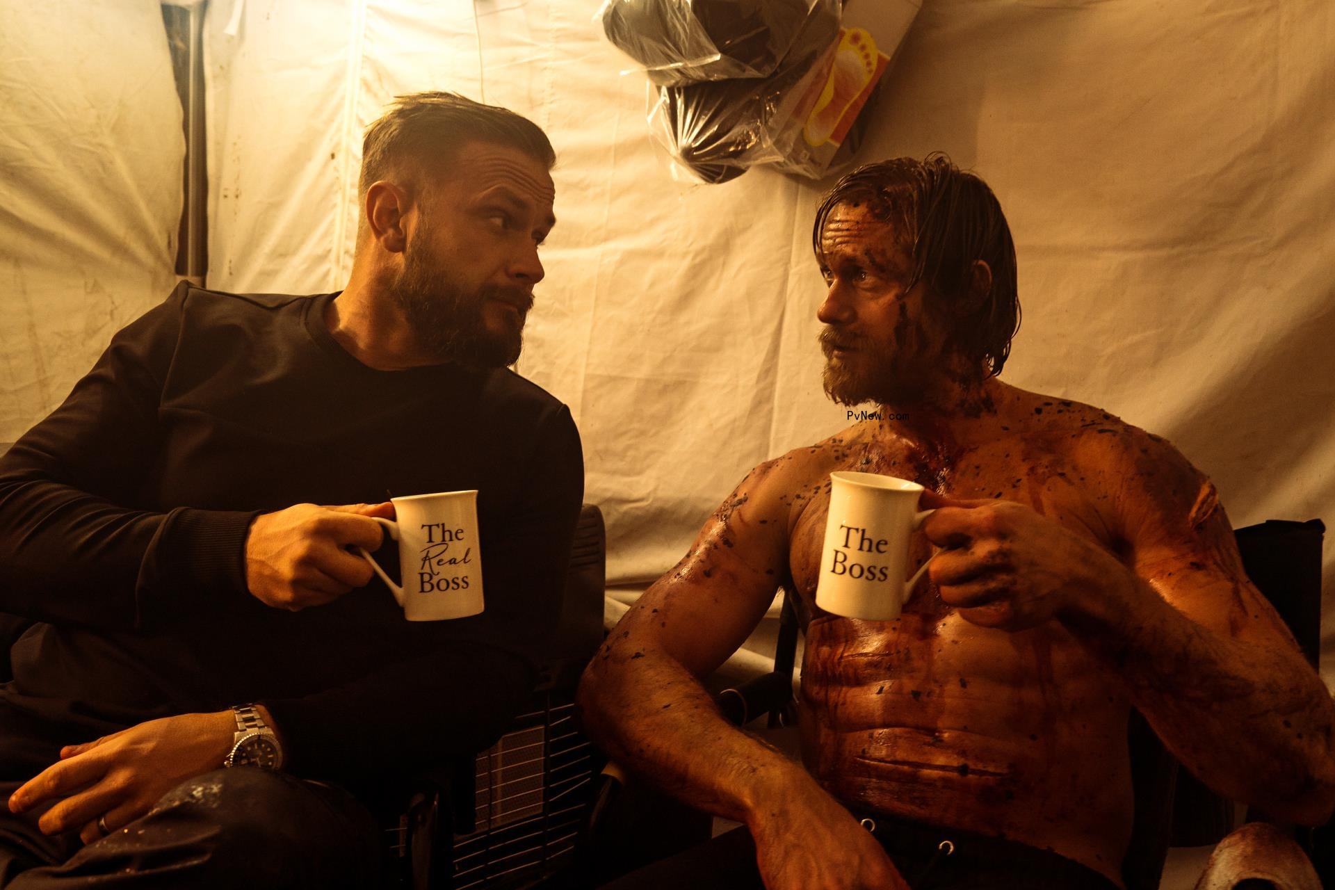 Celebrity Trainer Magnus Lygdback and Alexander Skarsgard on set of