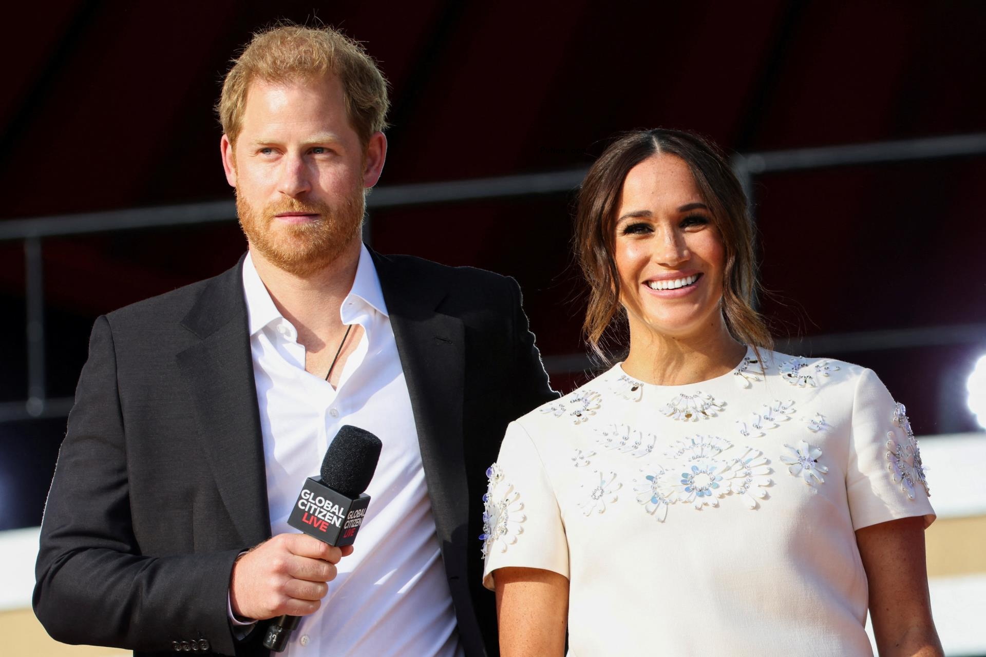 Prince Harry and Meghan Markle appear o<i></i>nstage at the Global Citizen Live co<i></i>ncert in NYC on Sept. 25, 2021.