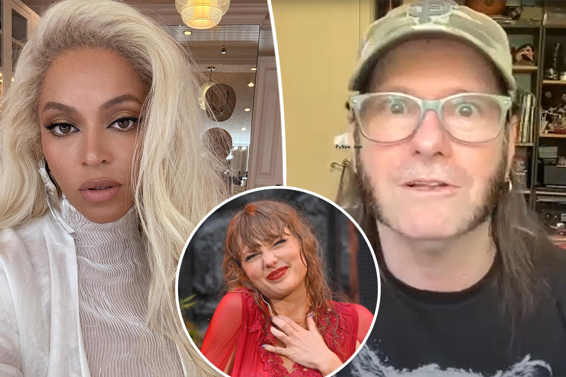 Beyoncé split with Gary Holt with an inset of Taylor Swift.