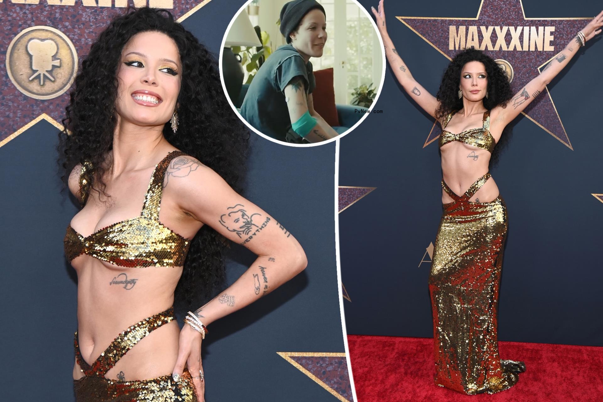 Halsey wears a gold dress to the