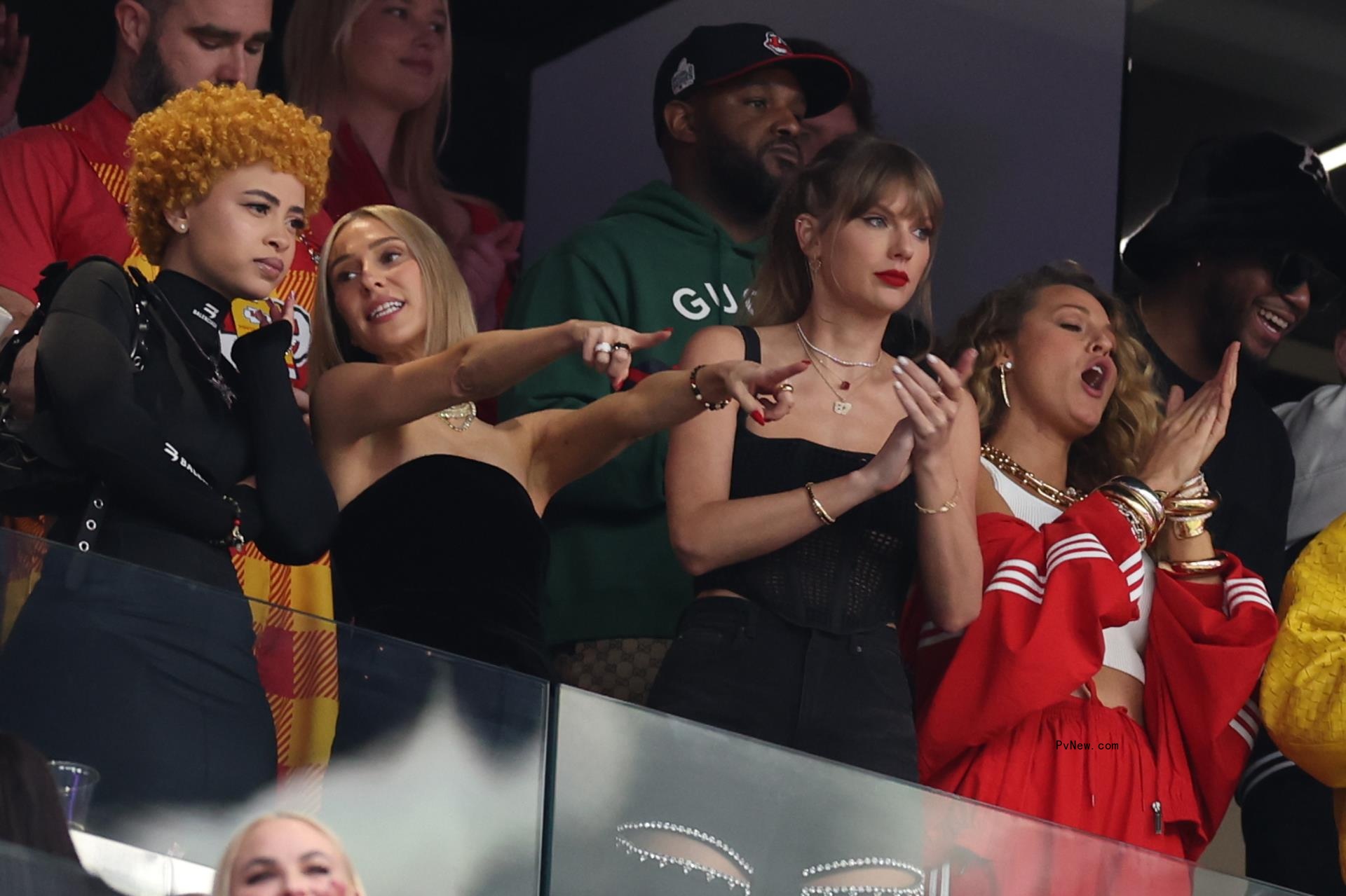 Ice Spice, Ashley Avignone, Taylor Swift and Blake Lively attending the 2024 Super Bowl