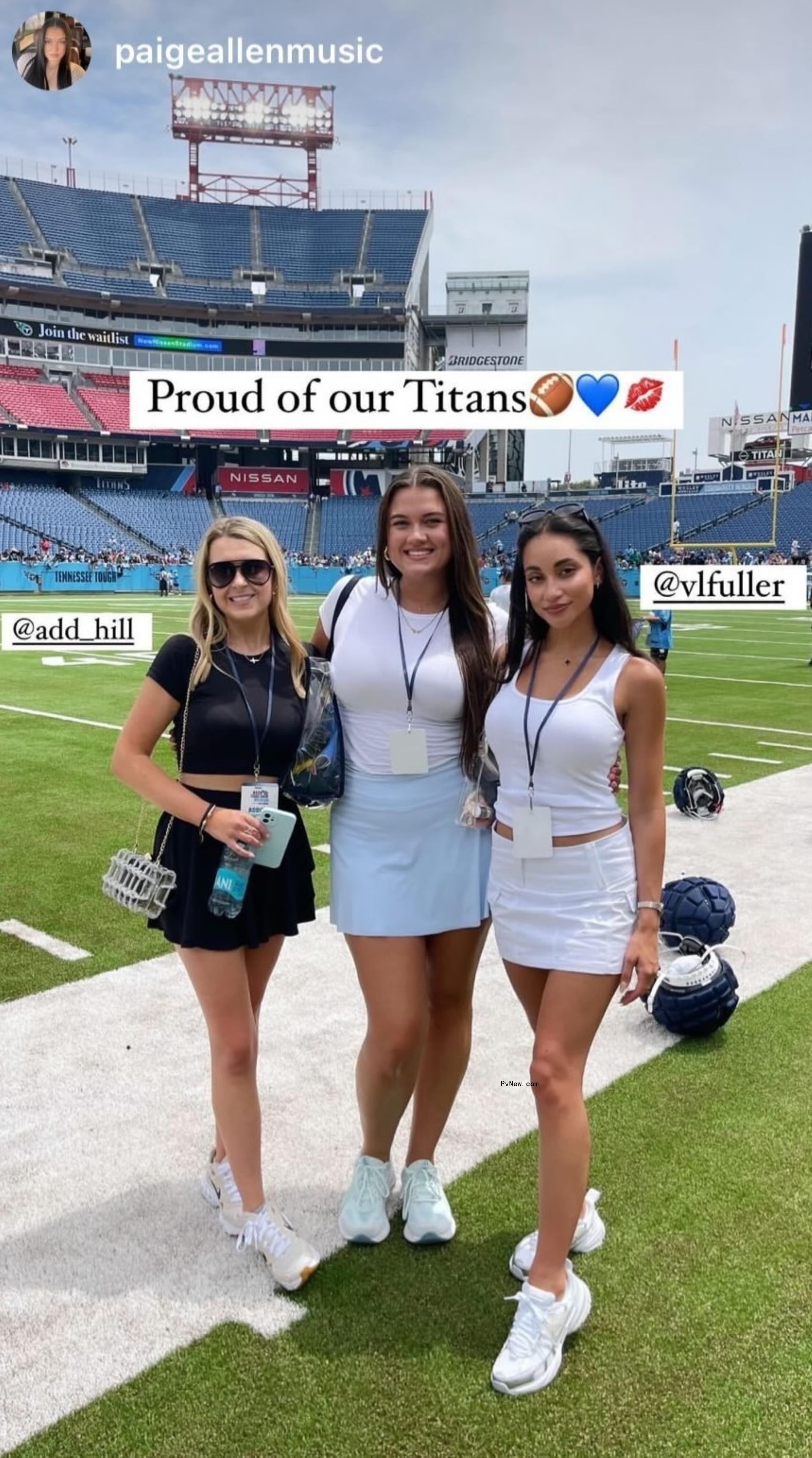 Addison Hill, Paige Allen and Victoria Fuller pose together on the field at Nissan Stadium in Nashville.