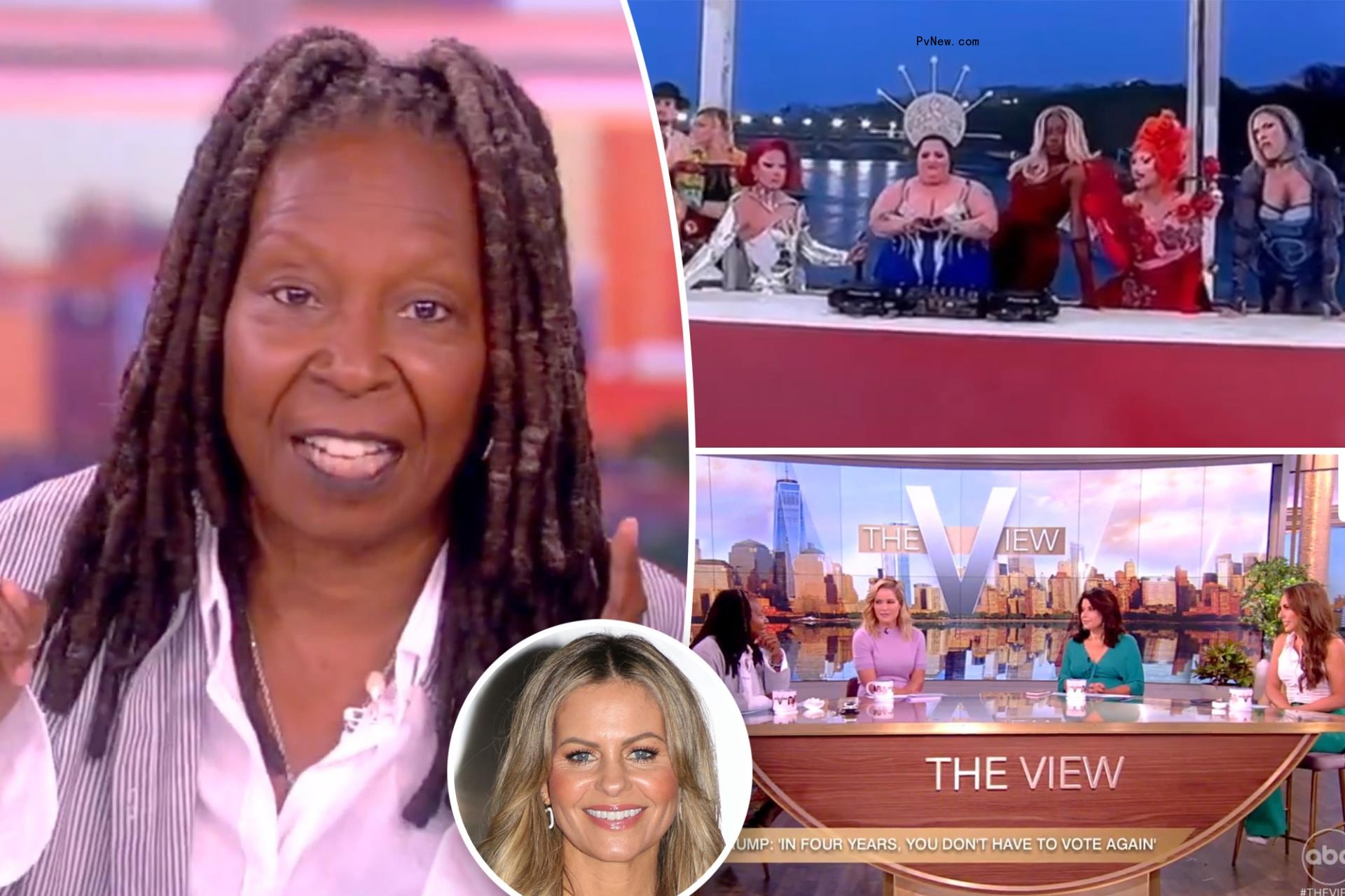A split photo of Whoopi Goldberg talking and the drag Opening Ceremony performance and a small photo of Candace Cameron Bure