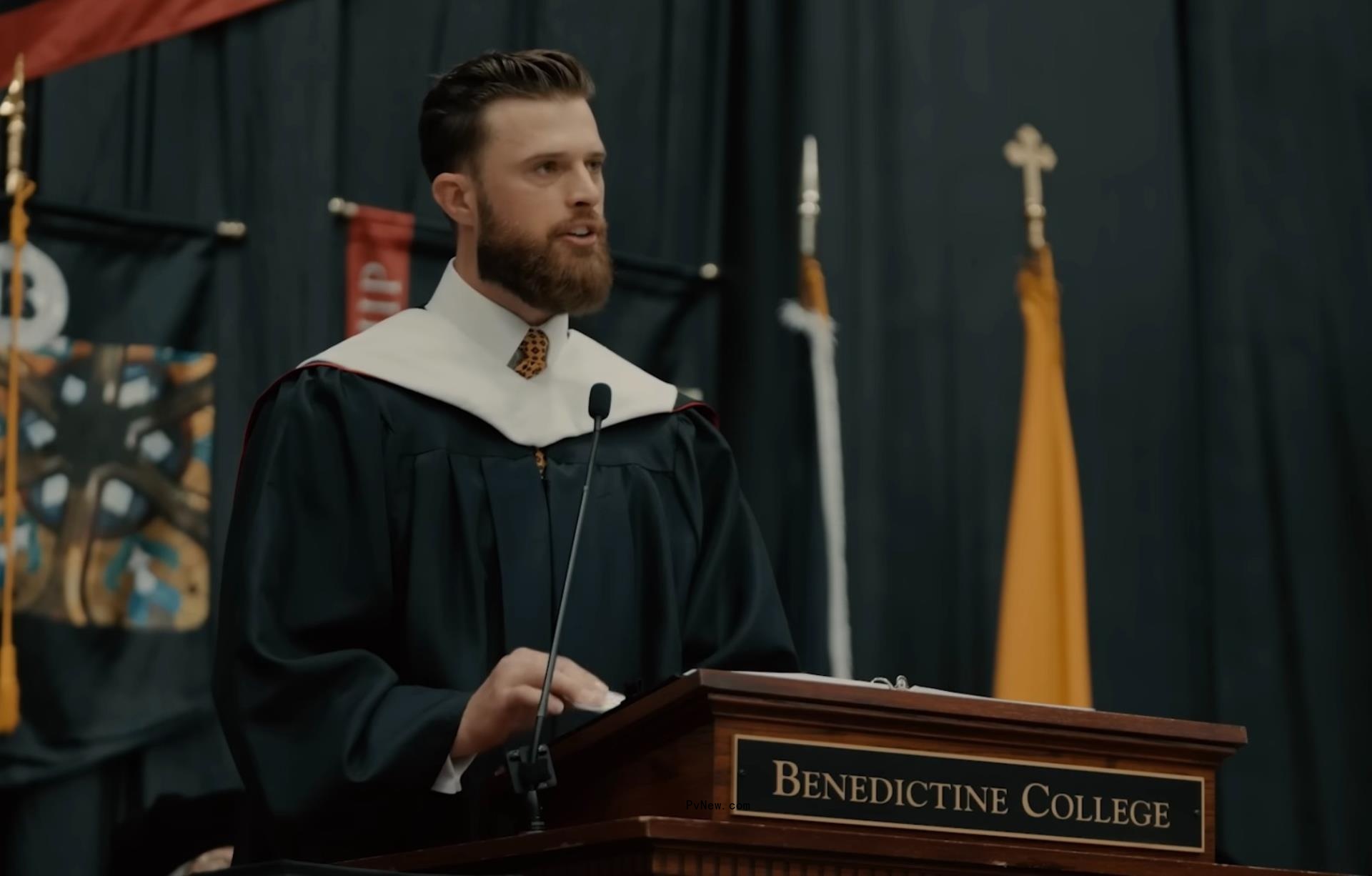 Harrison Butker giving a commencement speech.