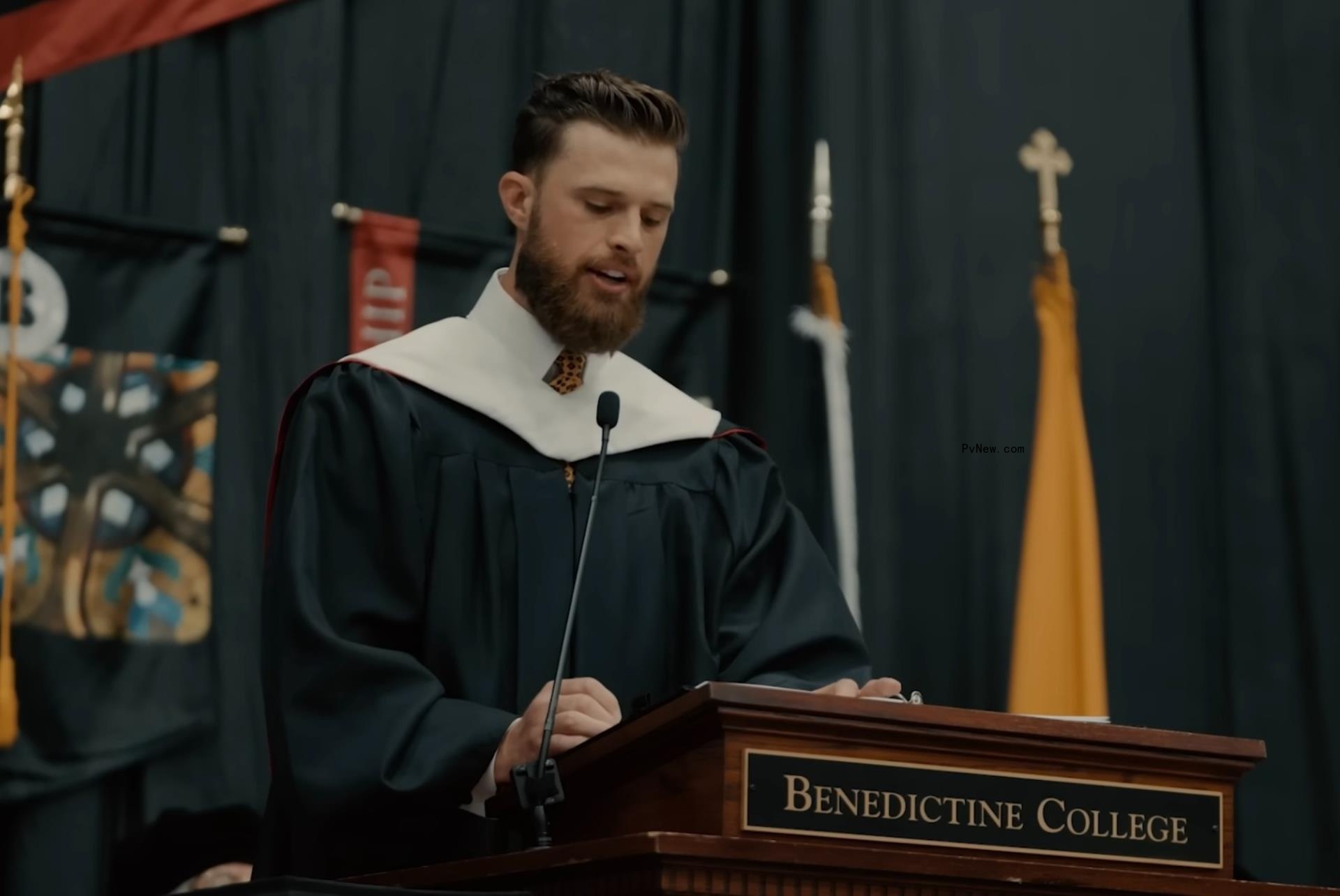 Harrison Butker giving a commencement speech.