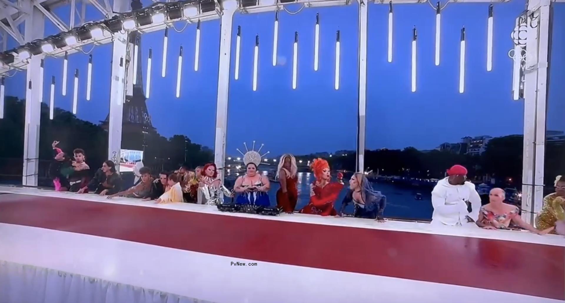 People in drag sitting at the Olympics opening ceremony