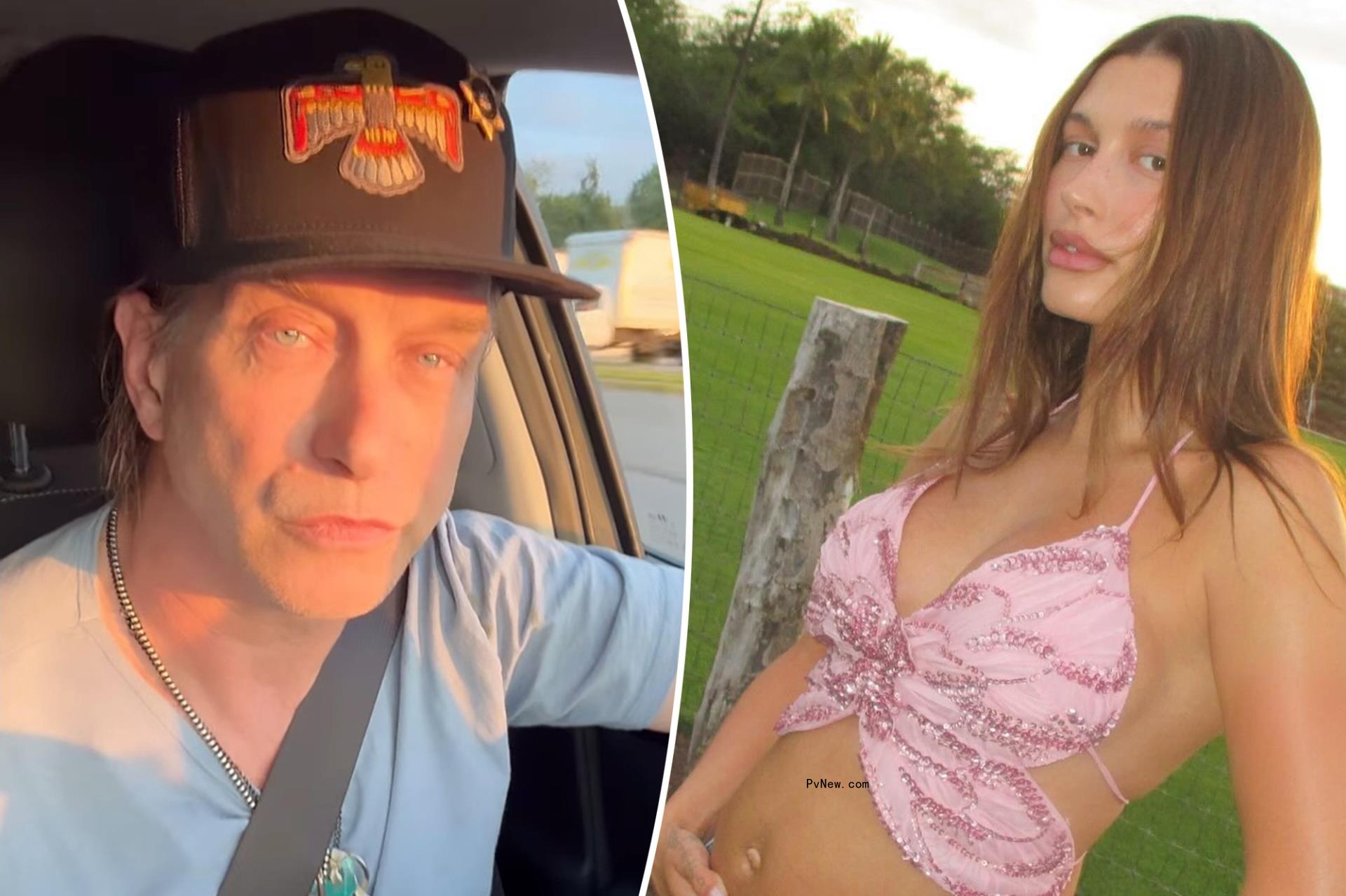 A split photo of a selfie of Stephen Baldwin and a selfie of Hailey Bieber