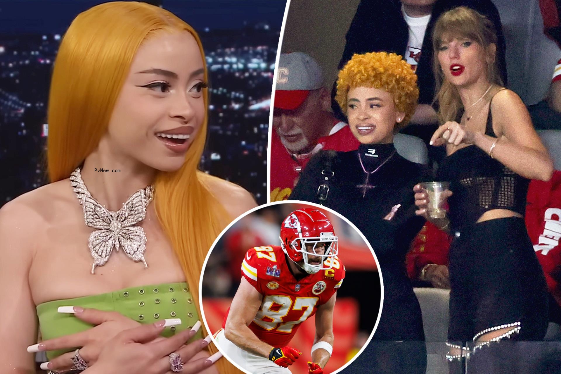 A split photo of Ice Spice talking and Ice Spice and Taylor Swift at the Super Bowl and a small photo of Travis Kelce playing football