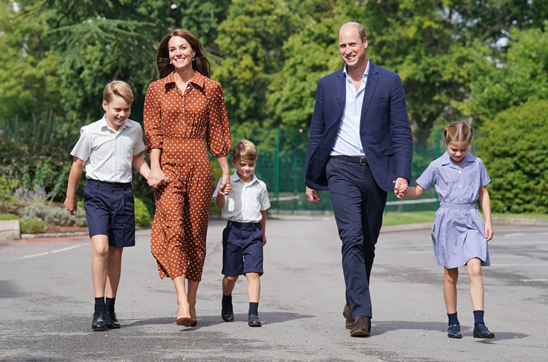 Prince William and Kate Middleton at the Lambrook school with their three children.