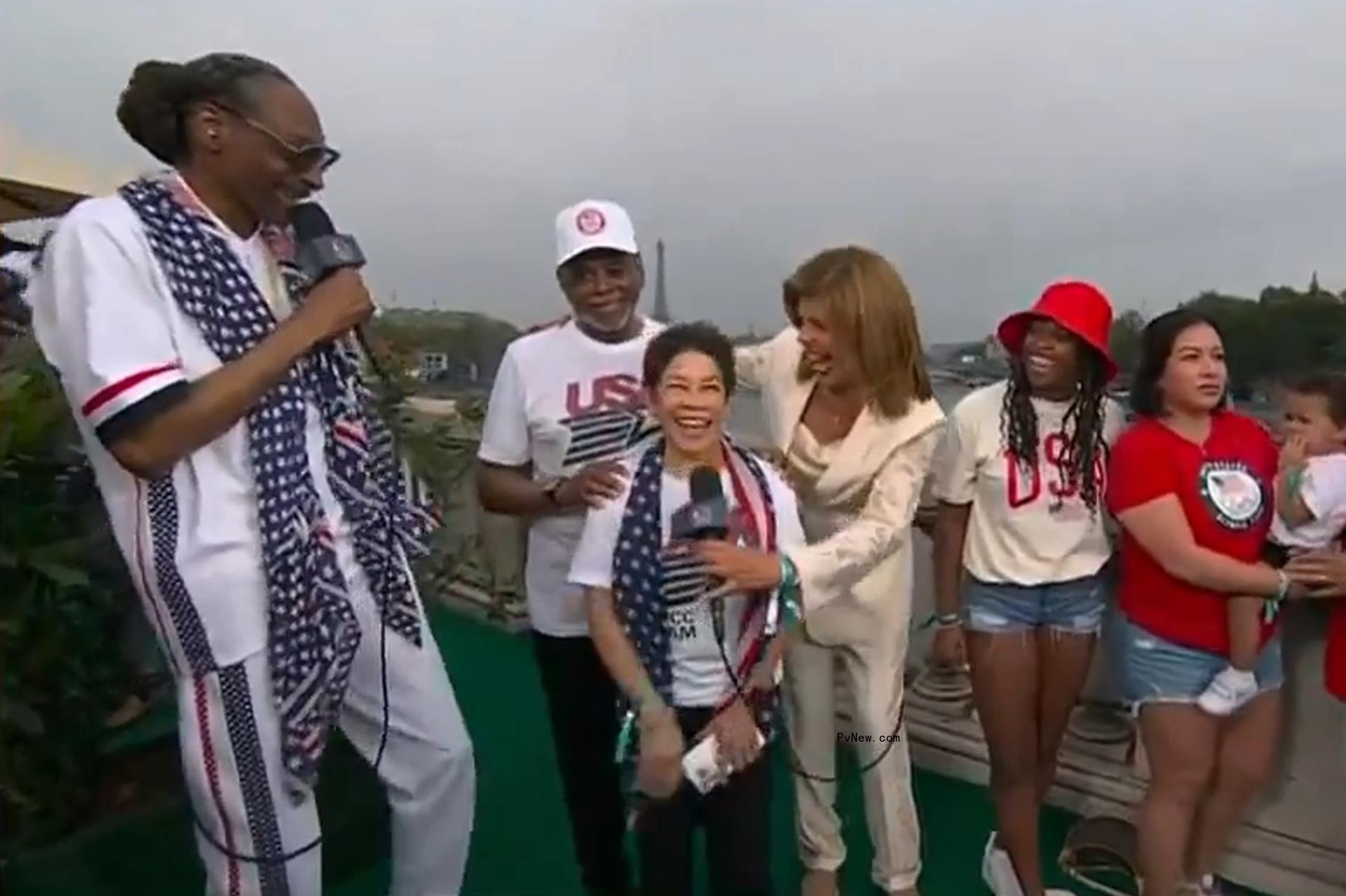 Snoop Dogg, Nellie Biles, Ro<i></i>nald Biles and Hoda Kotb at the Olympics opening ceremony.