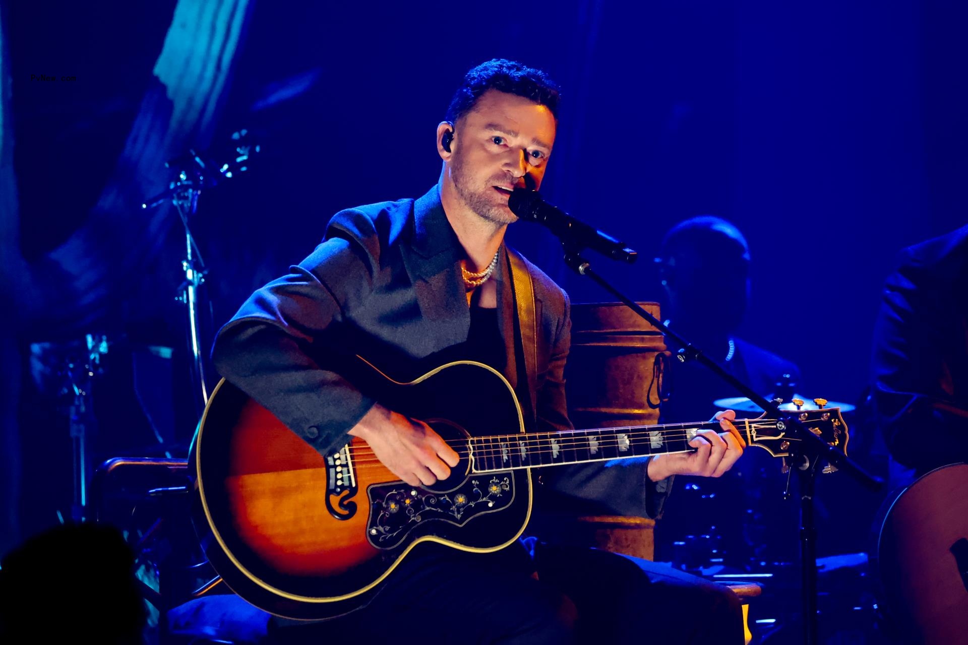 Justin Timberlake performing on stage in April 2024.