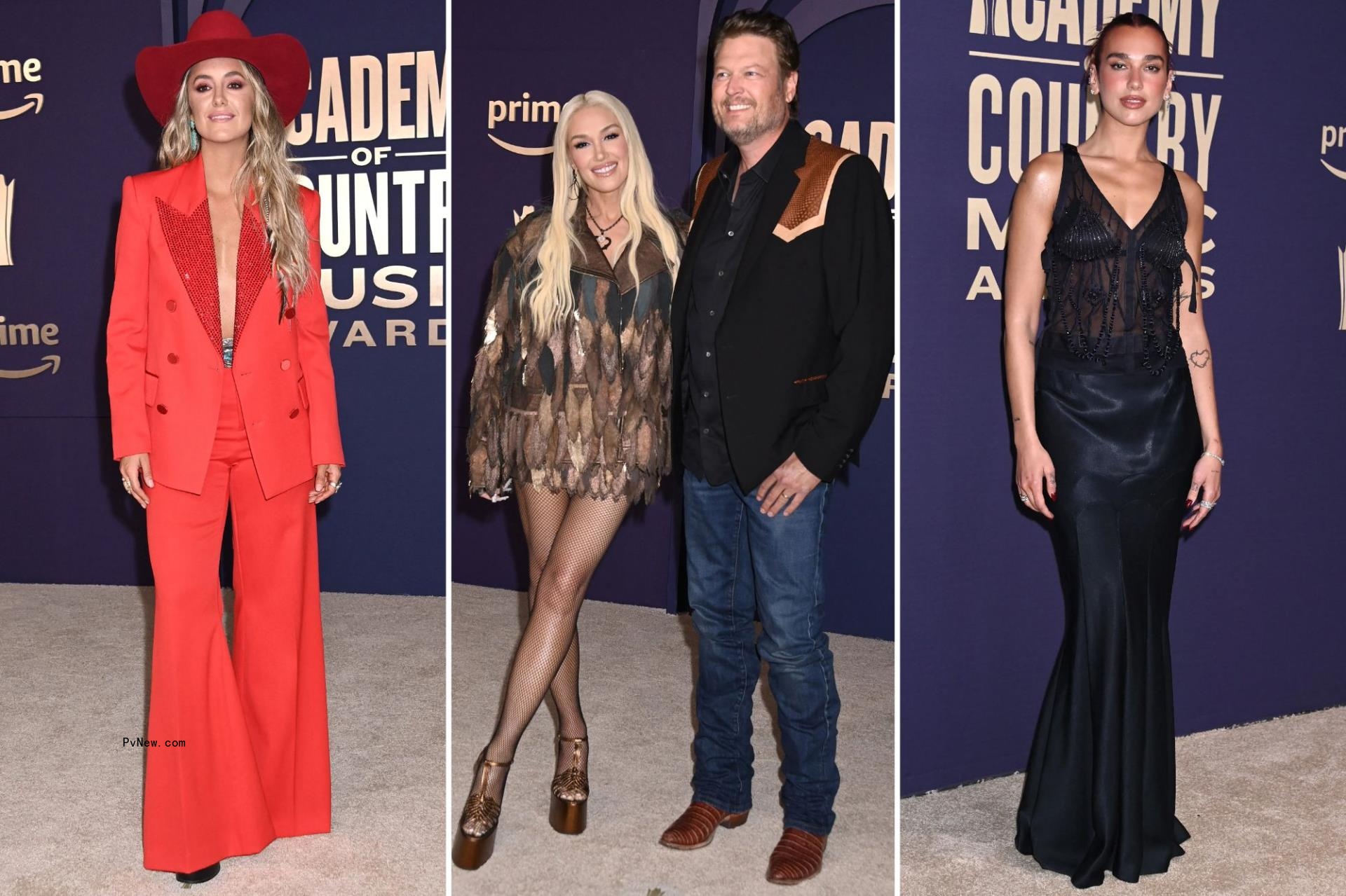 Lainey Wilson, Gwen Stefani, Blake Shelton and Dua Lipa on the ACM Awards 2024 red carpet.
