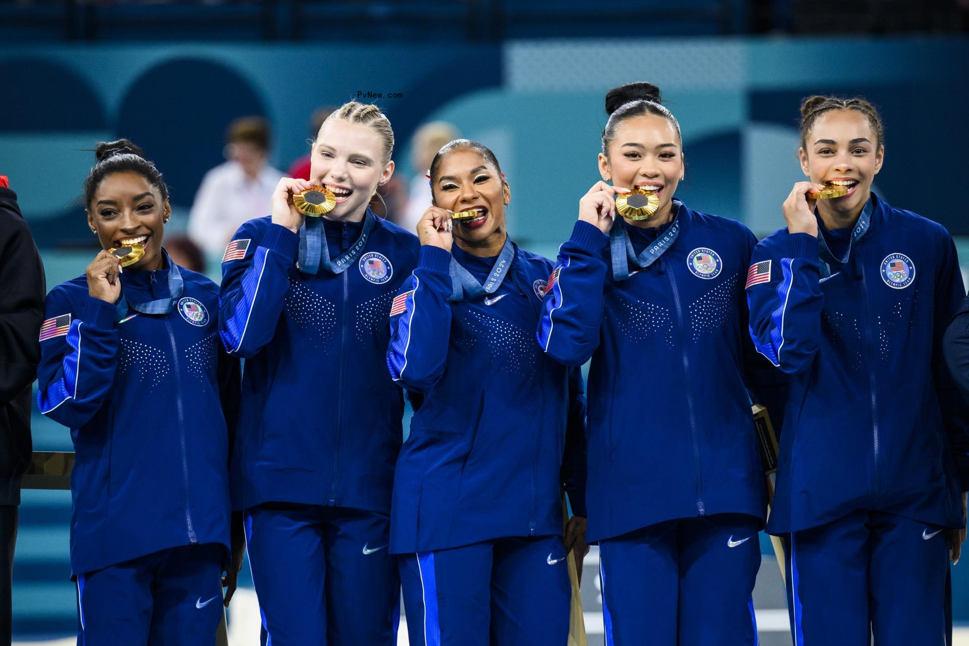 Members of Team USA gymnastics. Simone Biles, Jordan Chiles, Suni Lee, Jade Carey and Hezly Rivera.