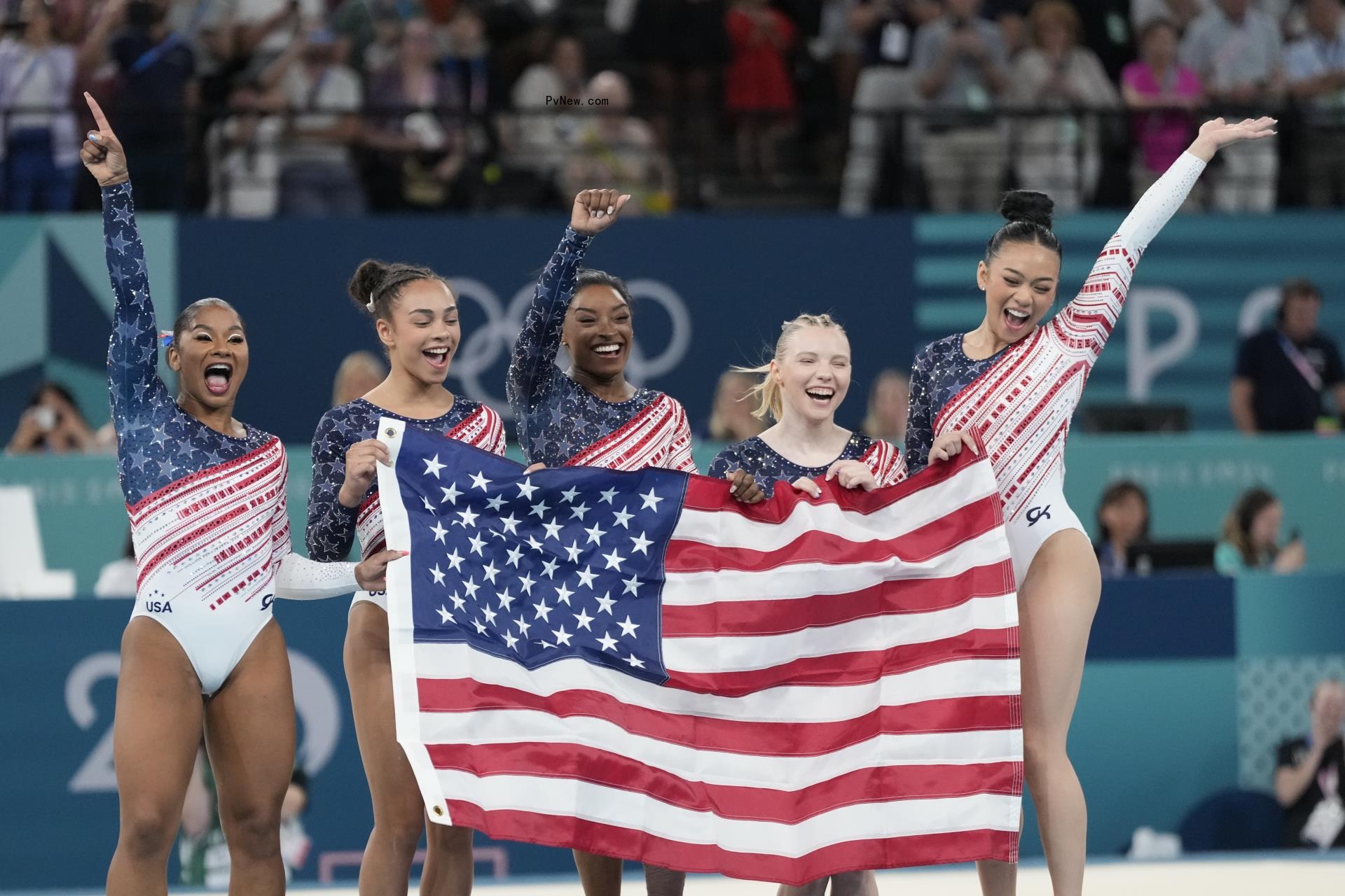 Members of Team USA gymnastics. Simone Biles, Jordan Chiles, Suni Lee, Jade Carey and Hezly Rivera.