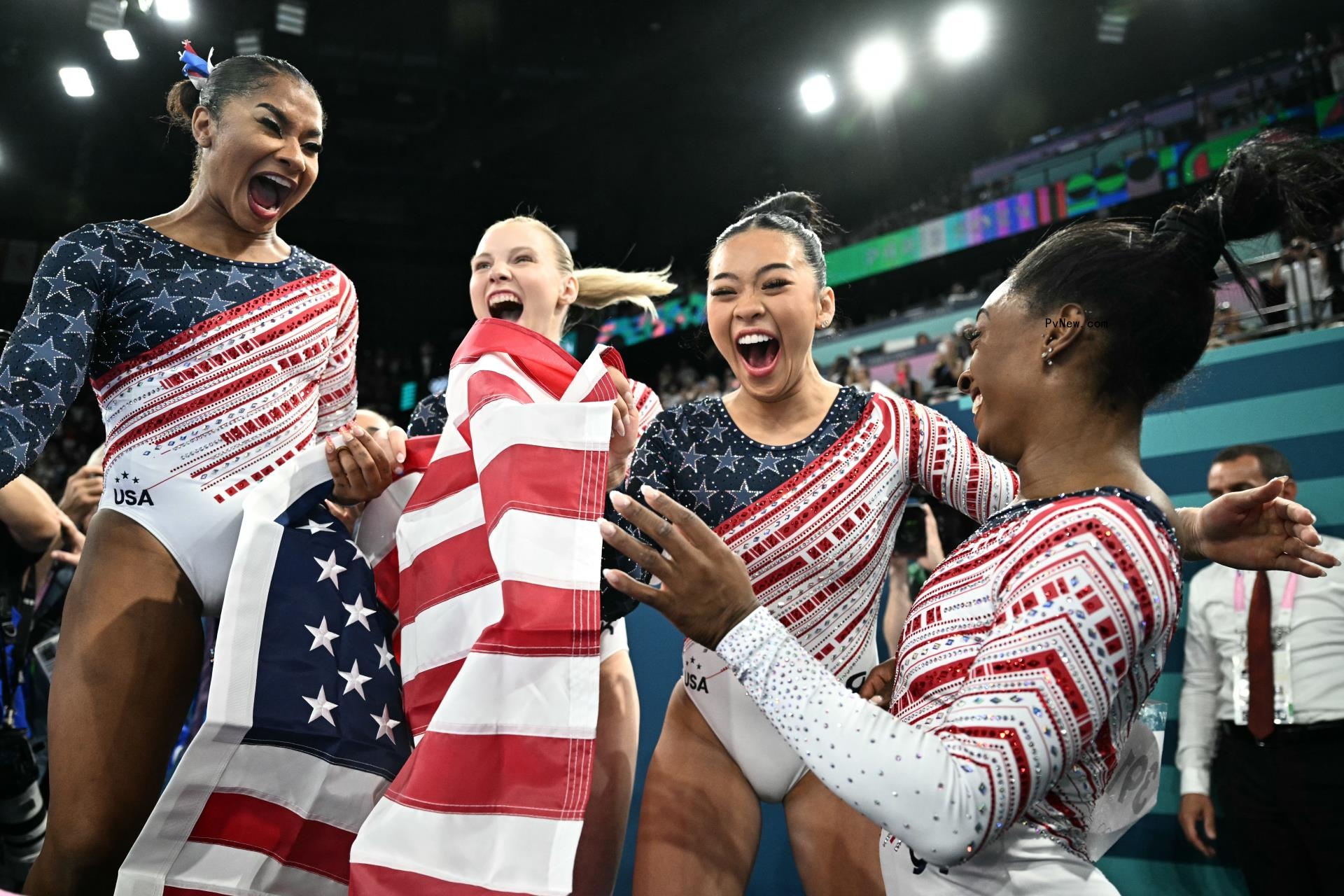 Jordan Chiles, Jade Carey, Sunisa Lee and Simone Biles at Olympic Games Paris 2024