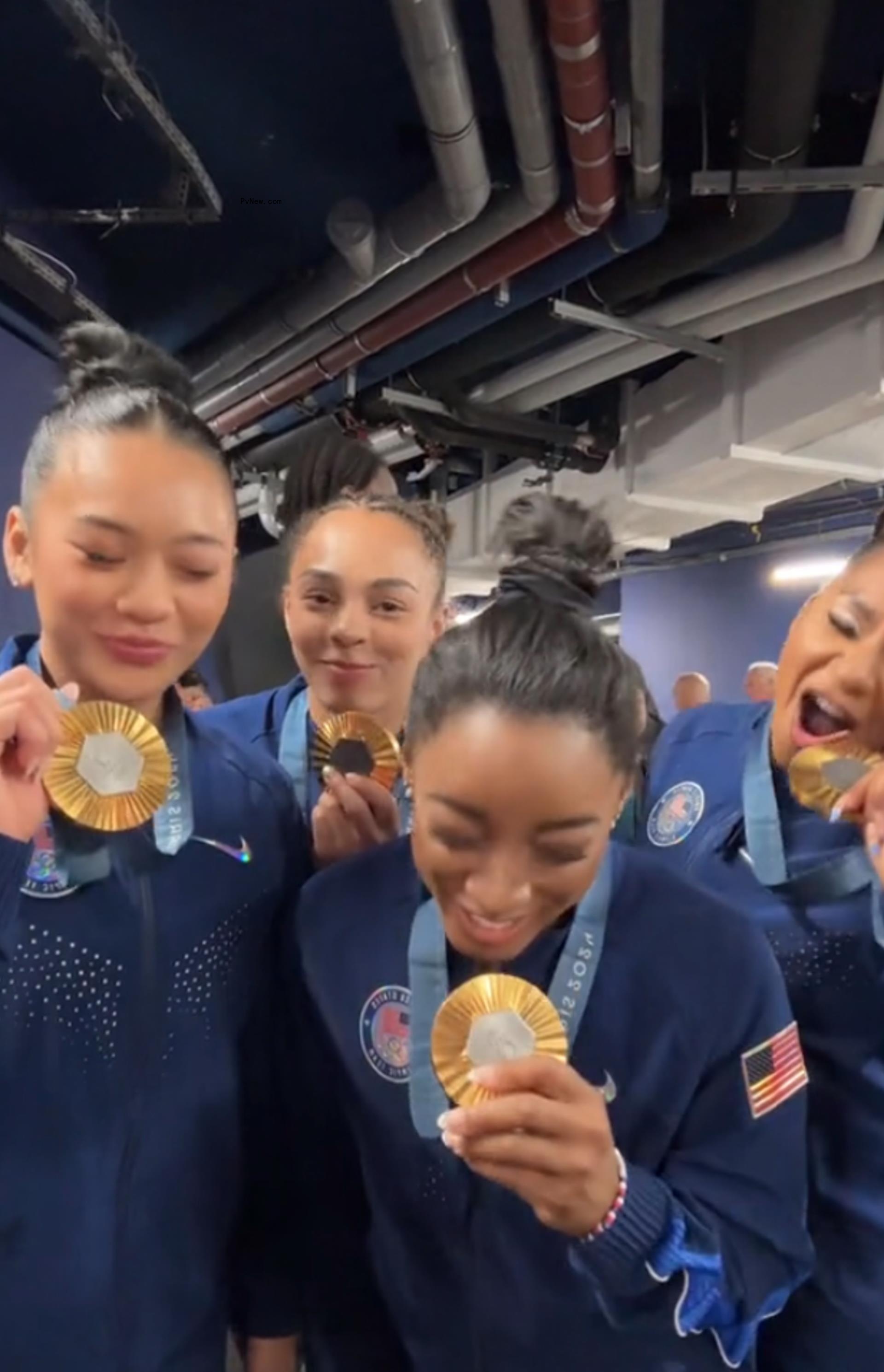 Simone Biles and Suni Lee with Hezly Rivera and Jordan Chiles celebrating their 2024 Olympics gold medal win in a TikTok video
