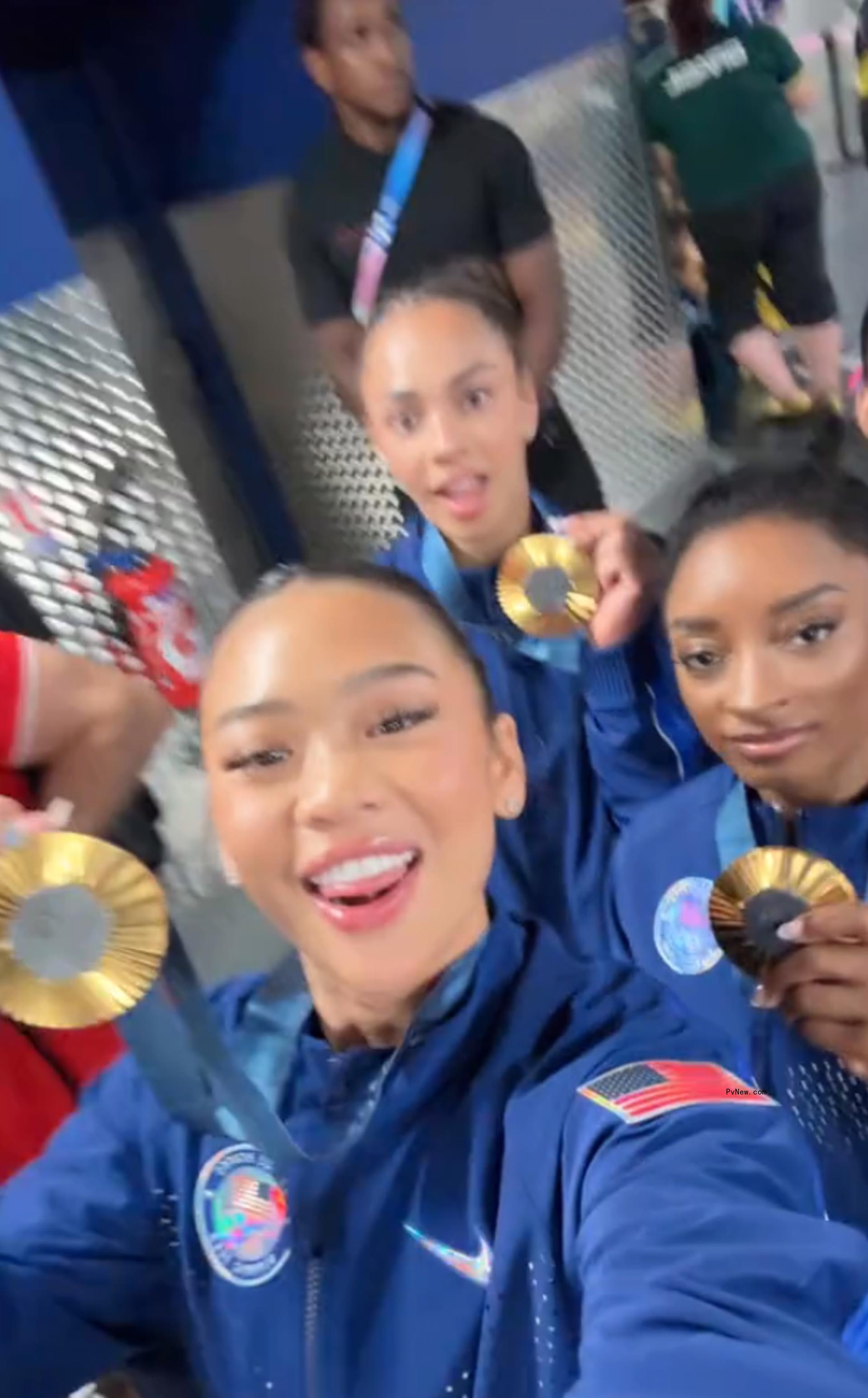 Simone Biles and Suni Lee with Hezly Rivera and Jordan Chiles celebrating their 2024 Olympics gold medal win in a TikTok video