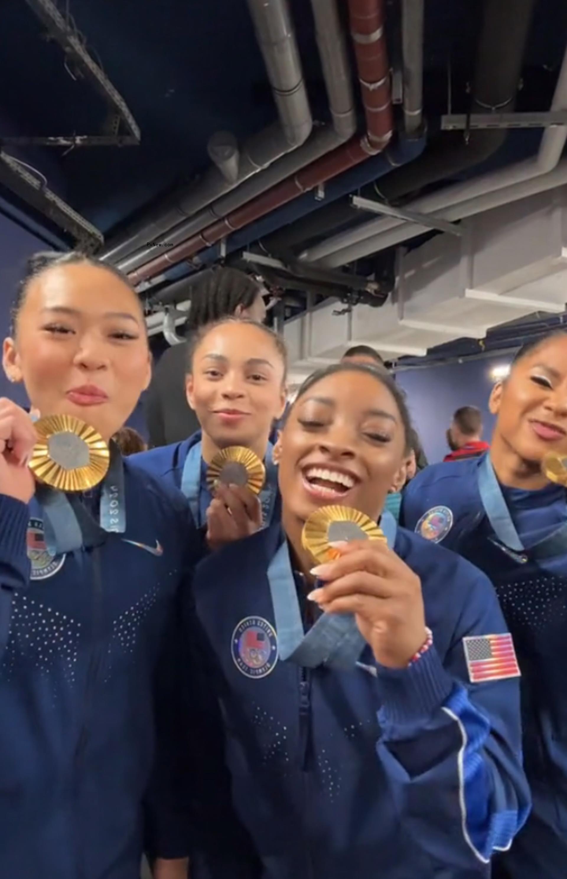 Simone Biles and Suni Lee with Hezly Rivera and Jordan Chiles celebrating their 2024 Olympics gold medal win in a TikTok video