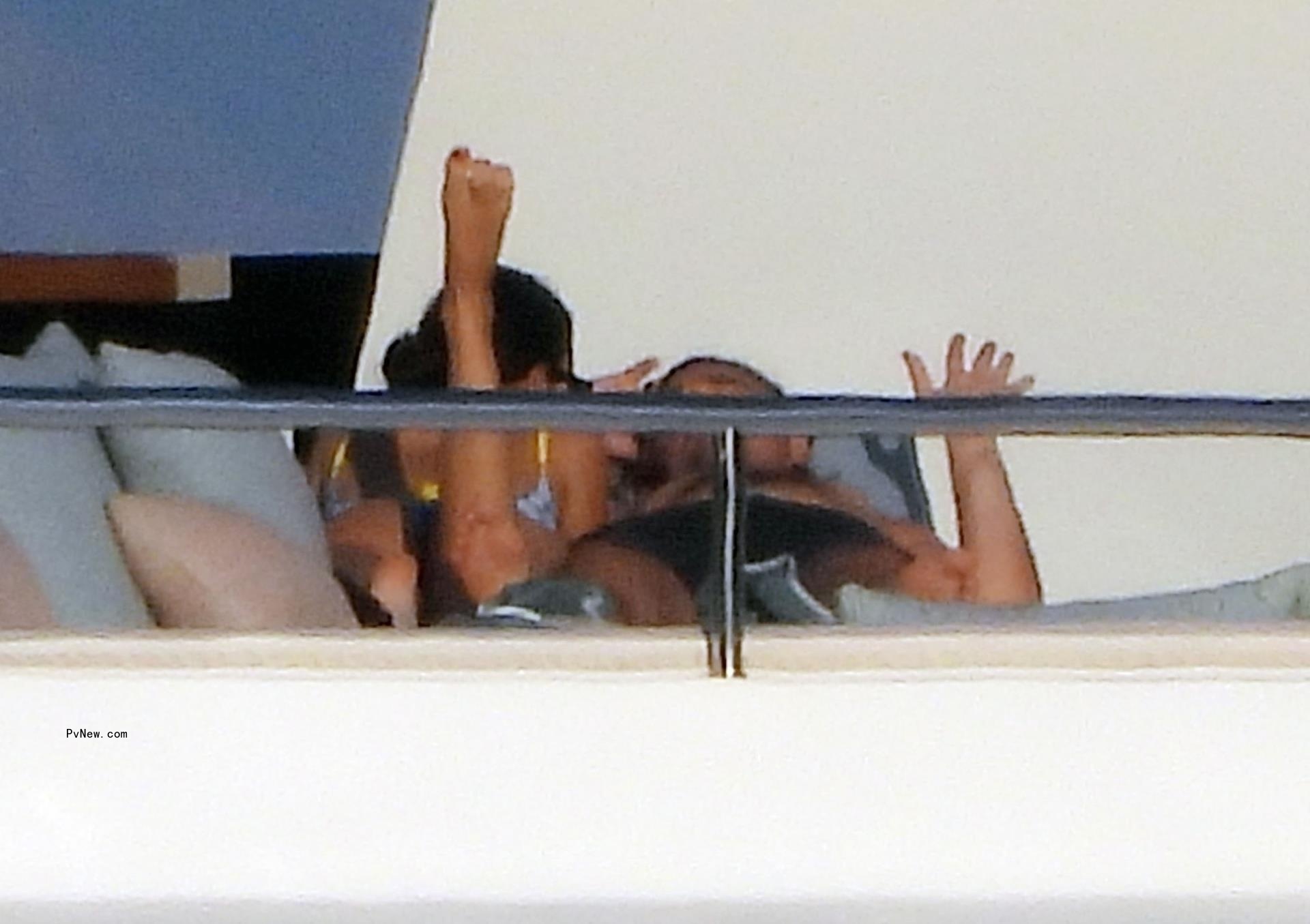 Vittoria Ceretti and Leo<i></i>nardo DiCaprio on a yacht in Portofino, Italy on July 30, 2024.
