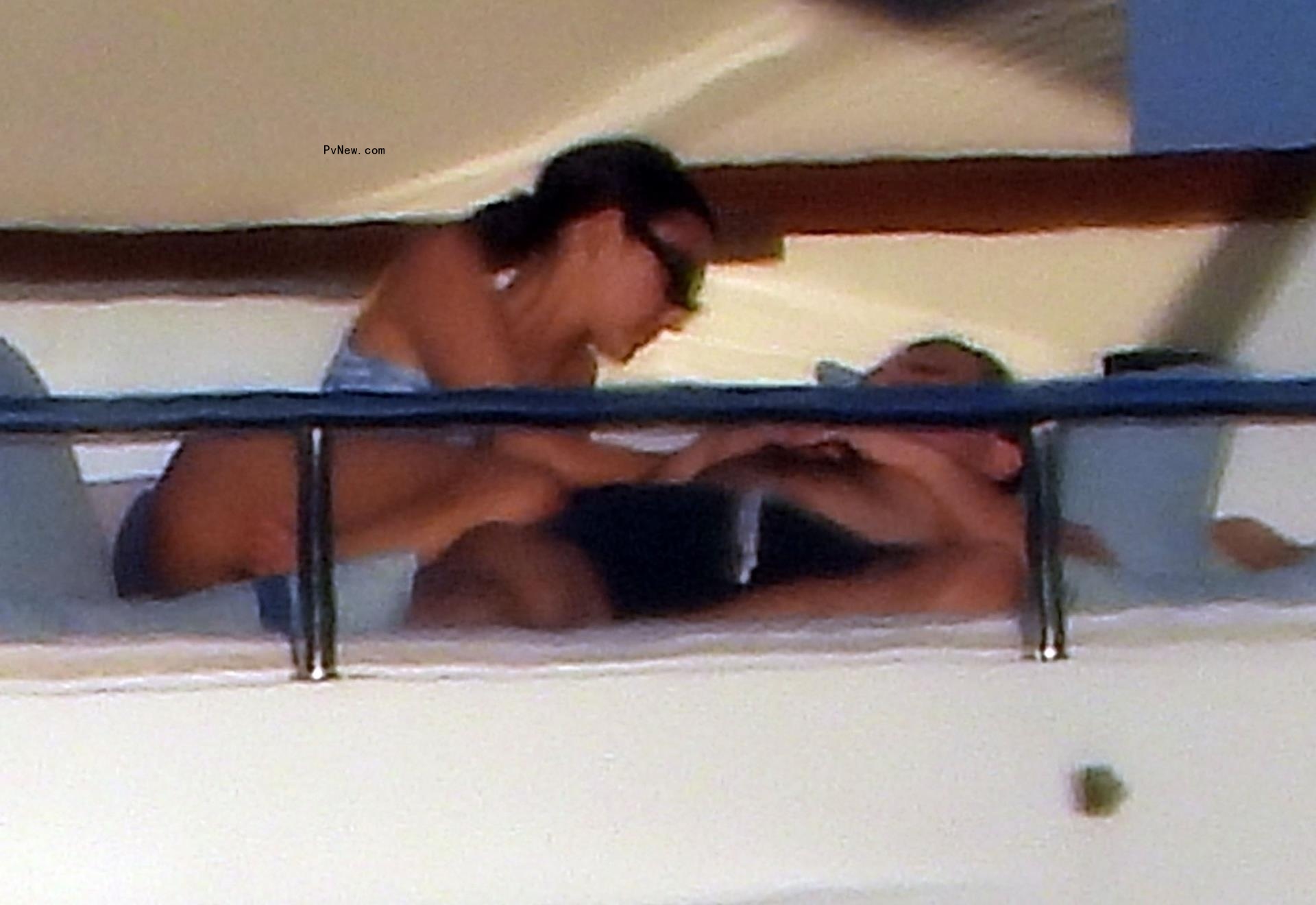 Vittoria Ceretti and Leo<i></i>nardo DiCaprio on a yacht in Portofino, Italy on July 30, 2024.