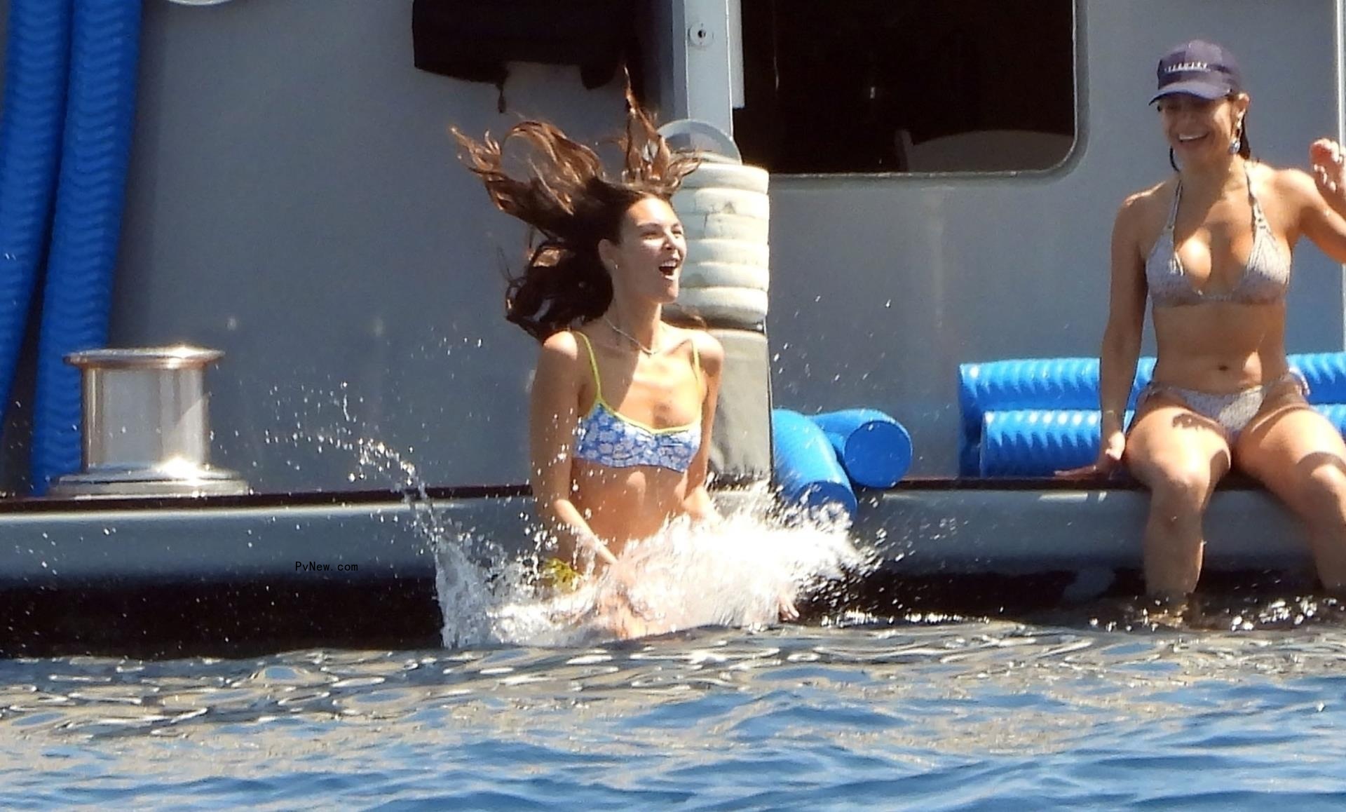 Vittoria Ceretti on a jet ski with Tobey Maguire while yachting in Portofino, Italy on July 30, 2024.