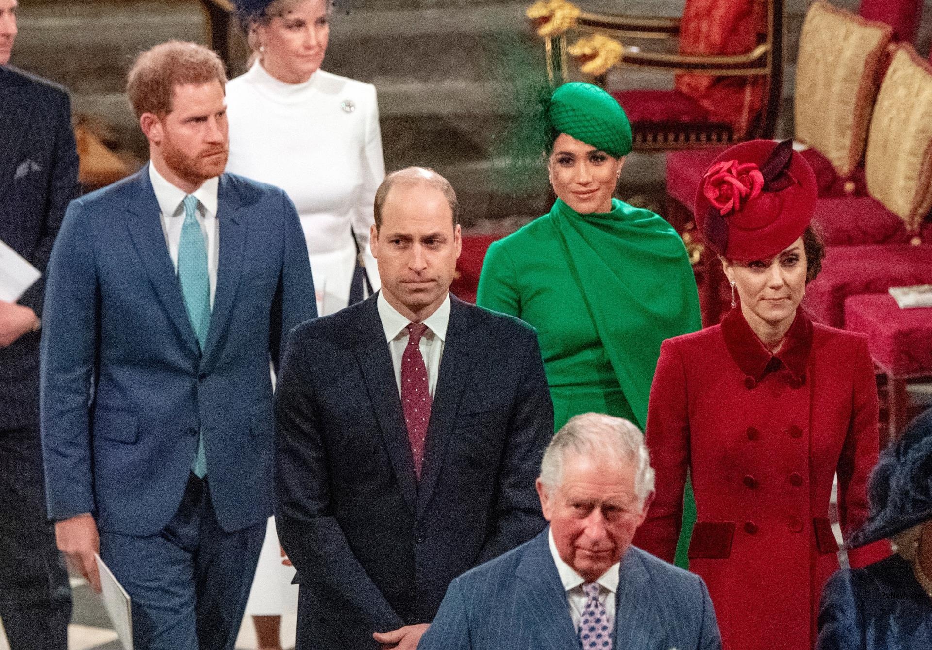 Meghan Markle, King Charles III, Prince William, Kate Middleton and Prince Harry leaving the Commo<i></i>nwealth Service in Lo<i></i>ndon in 2020.