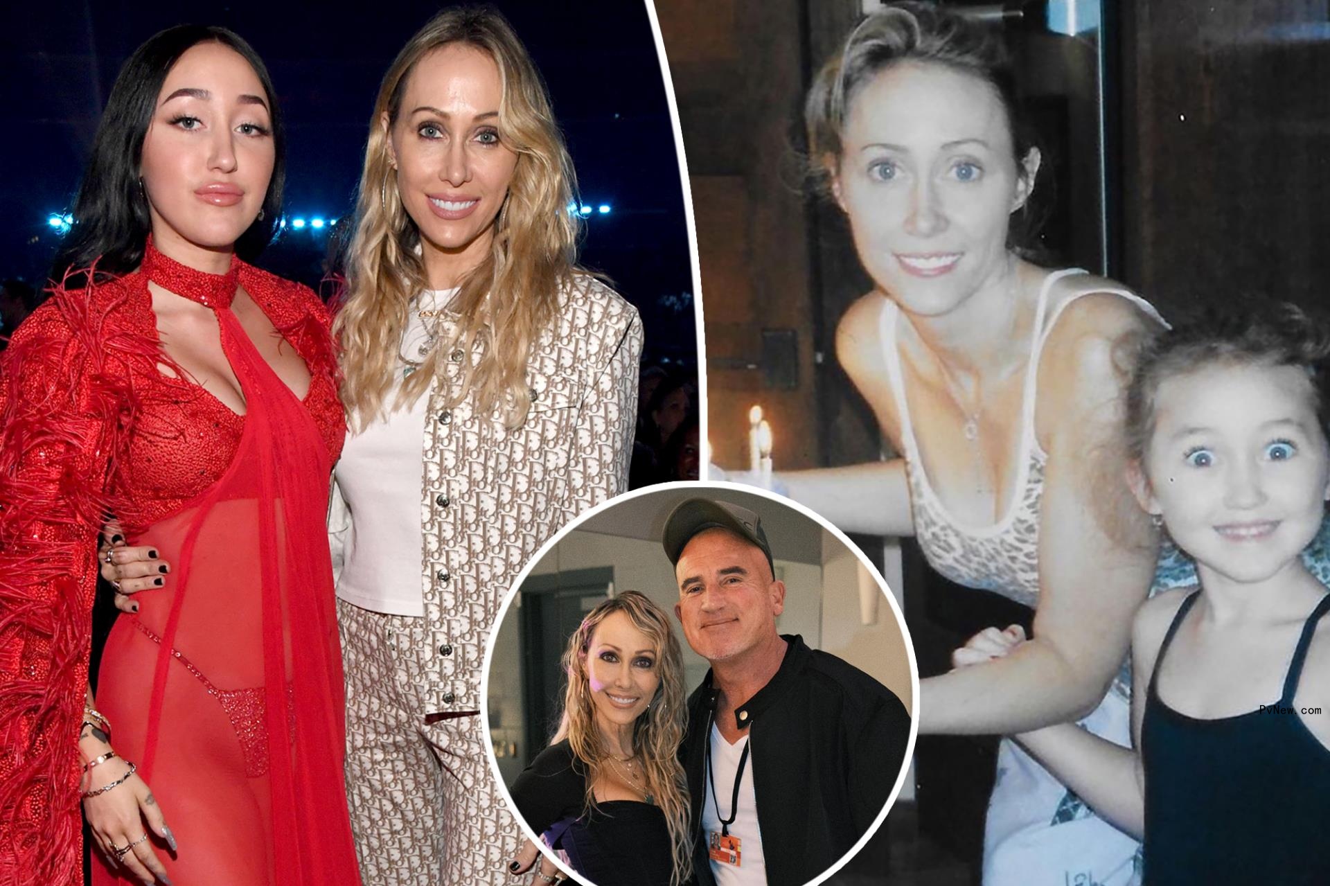 A split photo of Noah Cyrus and Tish Cyrus and a throwback photo of Noah and Tish Cyrus and a small photo of Tish Cyrus and Dominic Purcell