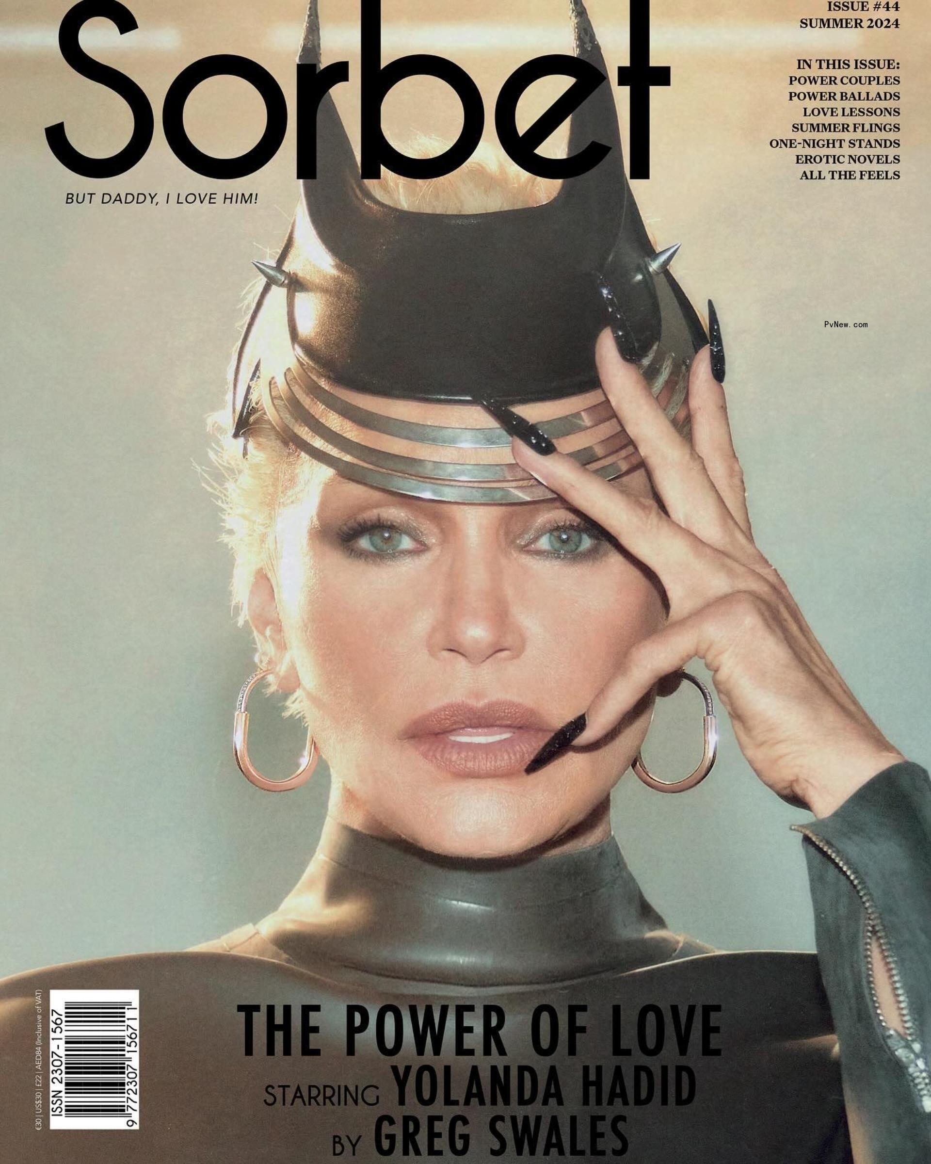 Yolanda Hadid models for Sorbet magazine with a mullet