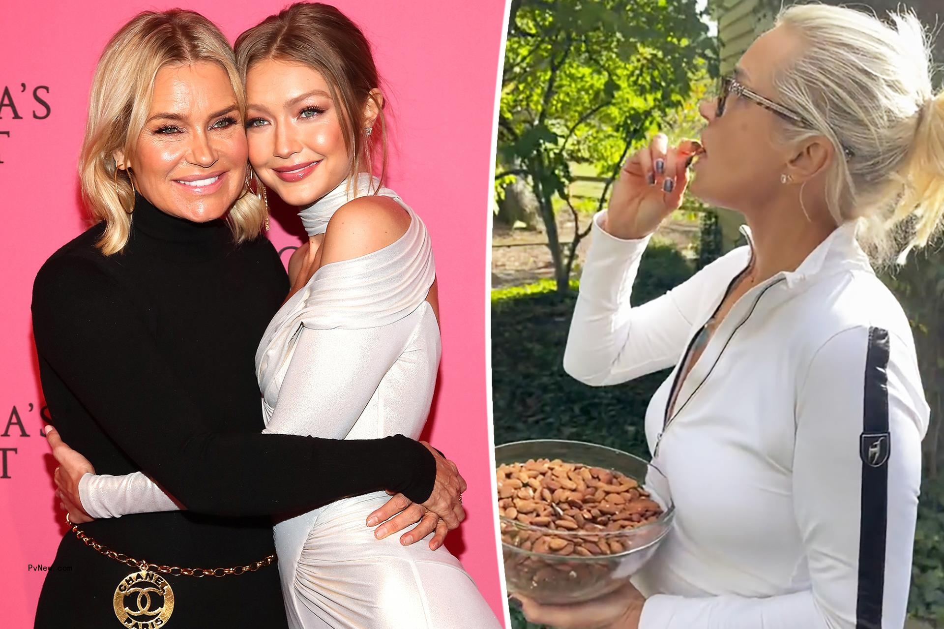 A split photo of Yolanda Hadid and Gigi Hadid hugging each other and a photo of Yolanda Hadid eating almonds