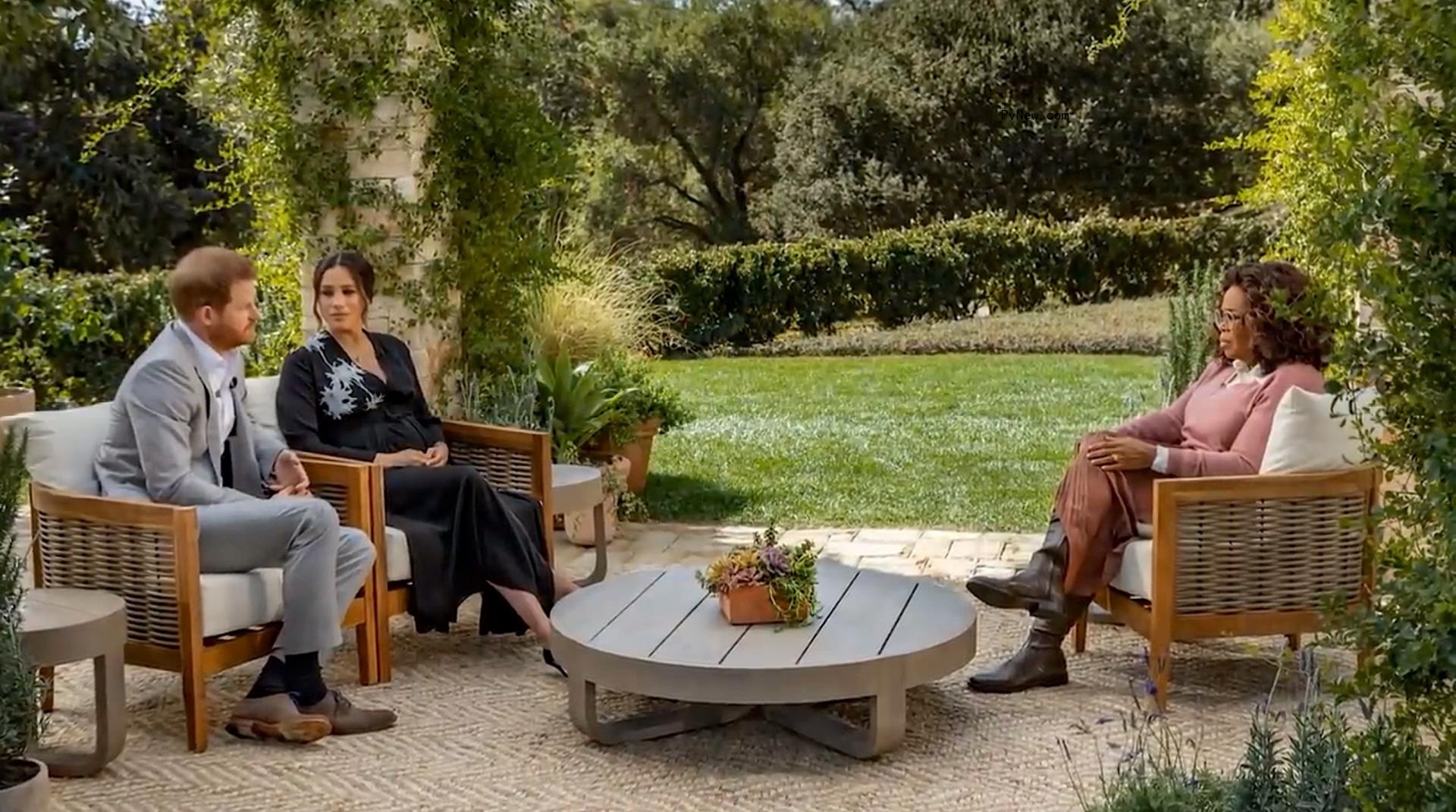 Oprah Winfrey talks to Prince Harry and Meghan Markle.
