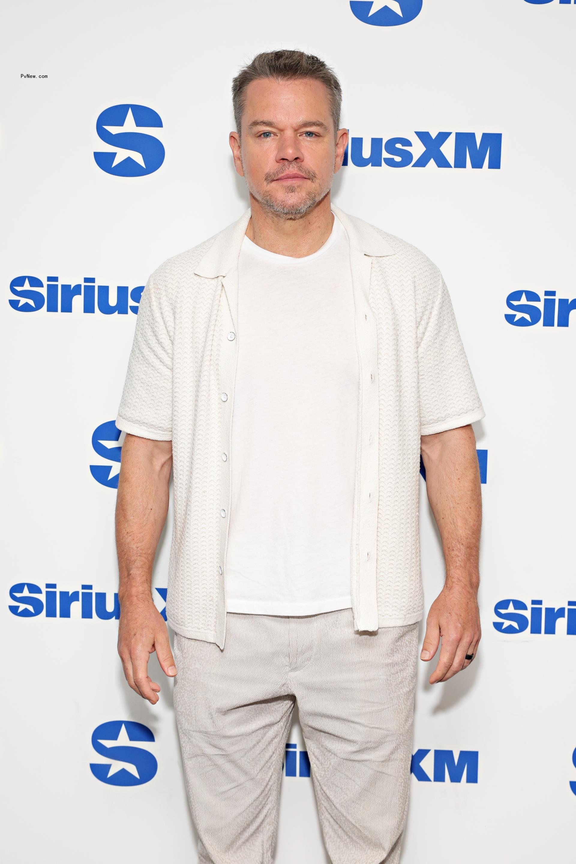 Damon wears white to a Radio Andy interview on Thursday.