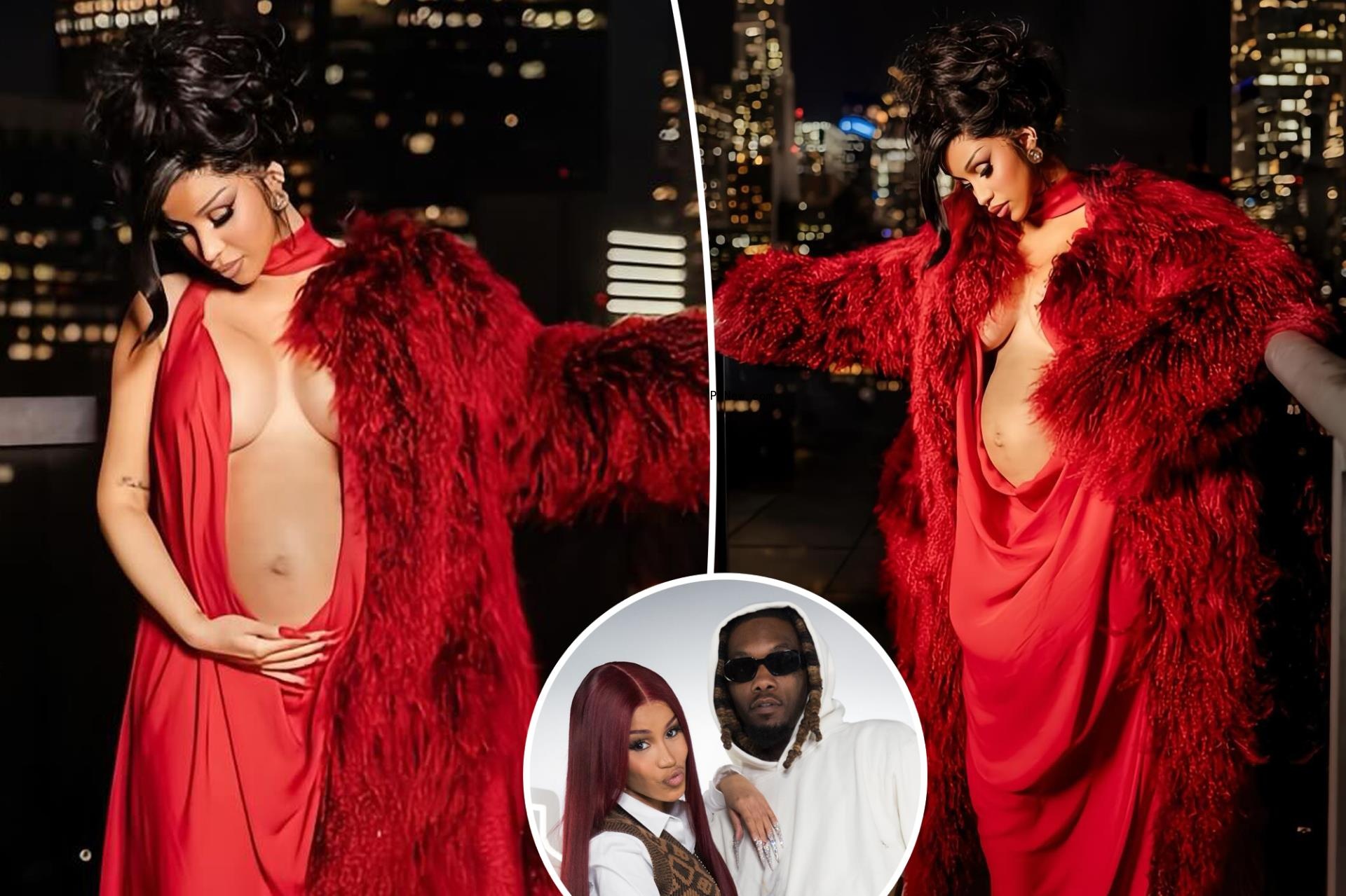 Cardi B debuts baby bump in red dress with an inset featuring Offset
