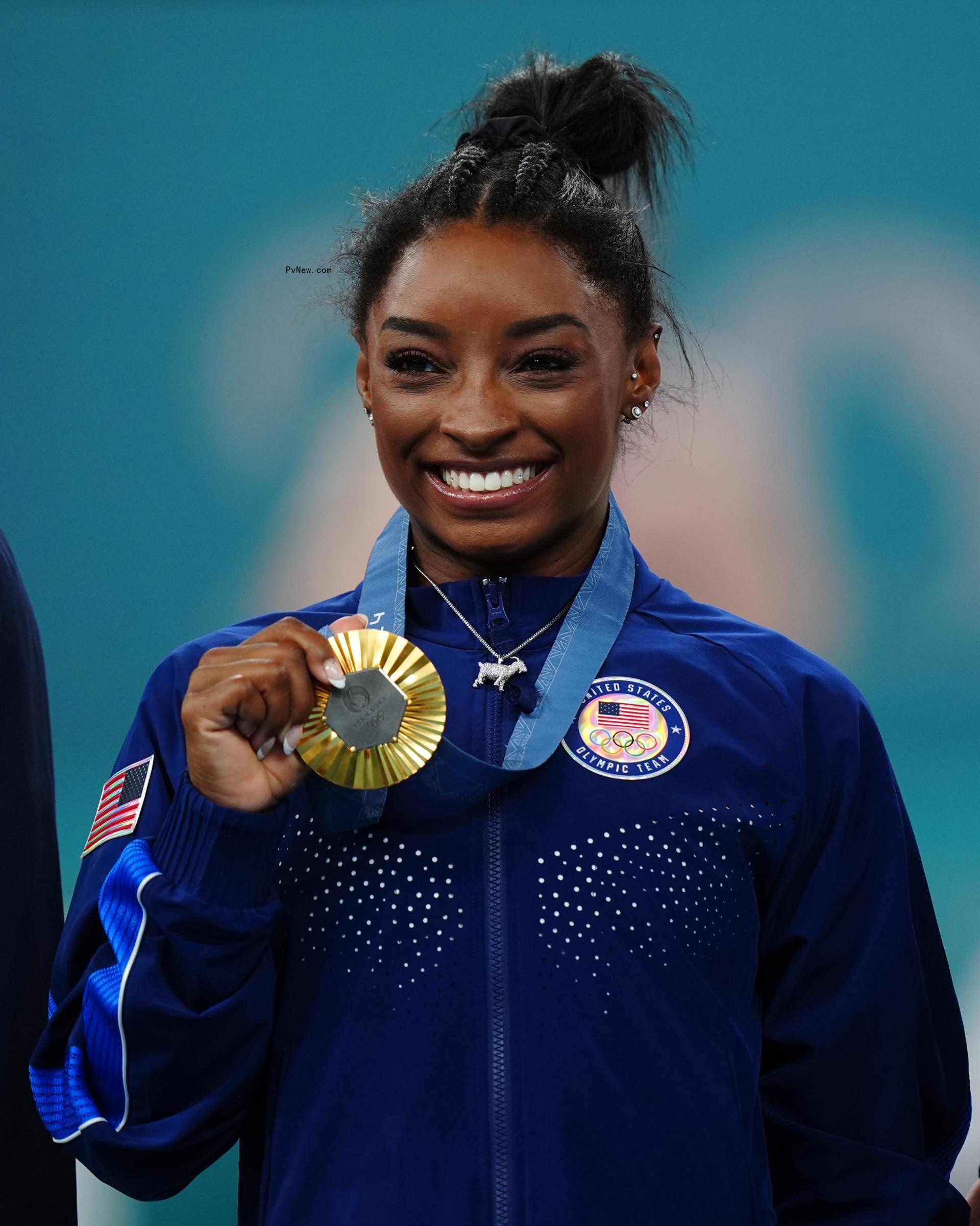 Simone Biles with her second gold medal after the Women's All-Around Final at the 2024 Paris Olympic Games